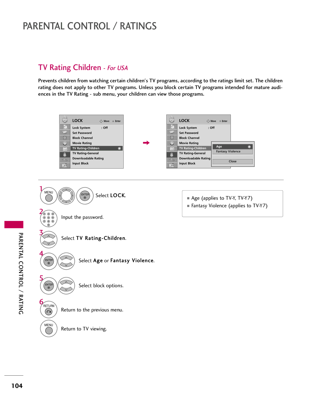 LG Electronics 42LH41, 37LH55 TV Rating Children For USA, Select Lock Age applies to TV-Y, TV-Y7, TV Rating-Children Age 