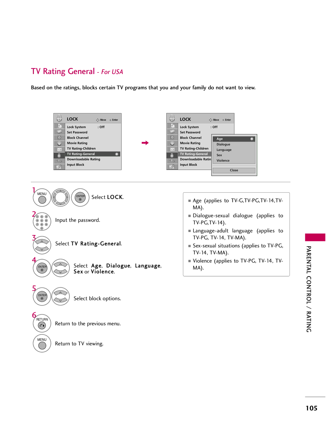 LG Electronics 47CL40, SAC33601903, 37LH55 TV Rating General For USA, TV-PG,TV-14, TV-PG, TV-14, TV-MA, TV Rating-General 