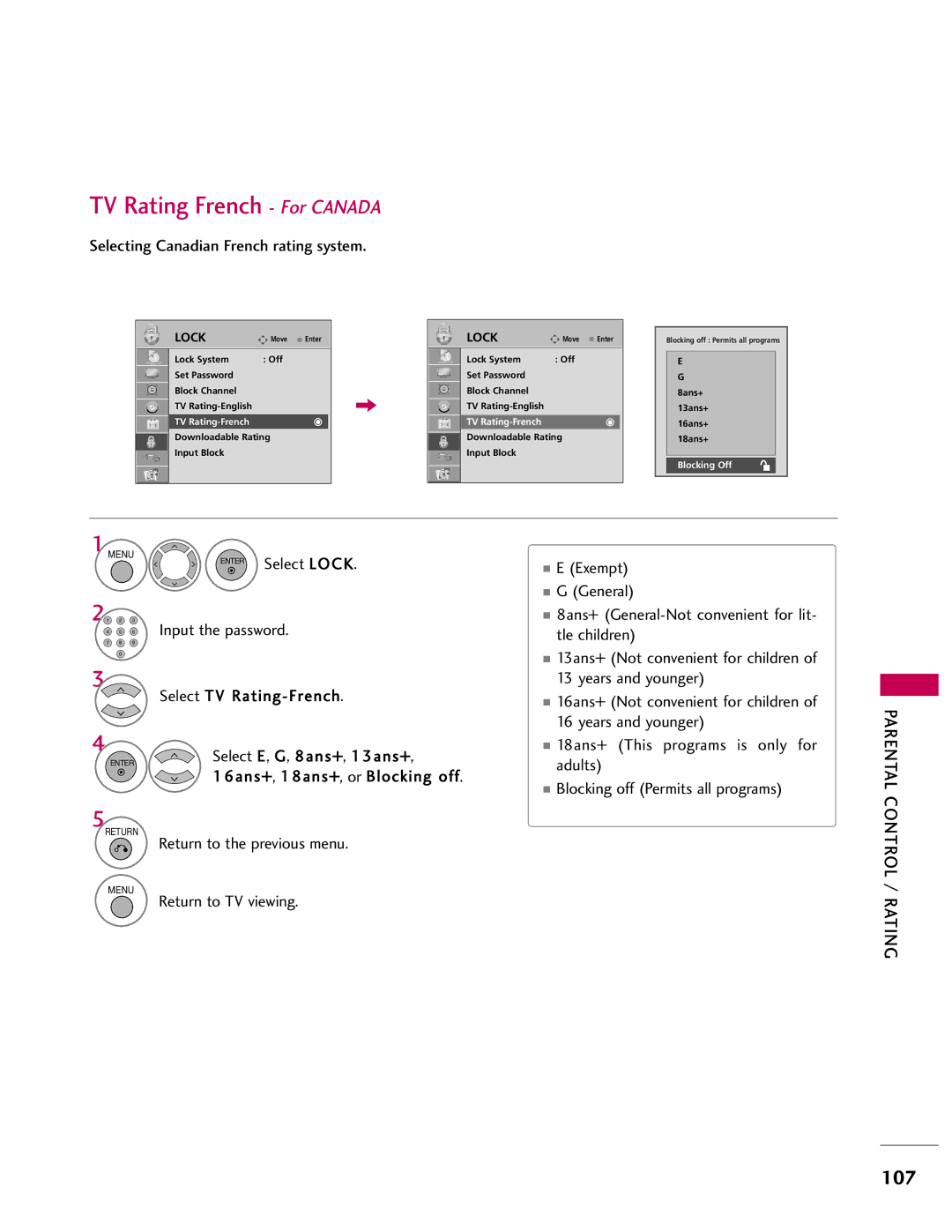 LG Electronics 47LH41, SAC33601903 TV Rating French For Canada, Selecting Canadian French rating system, TV Rating-French 