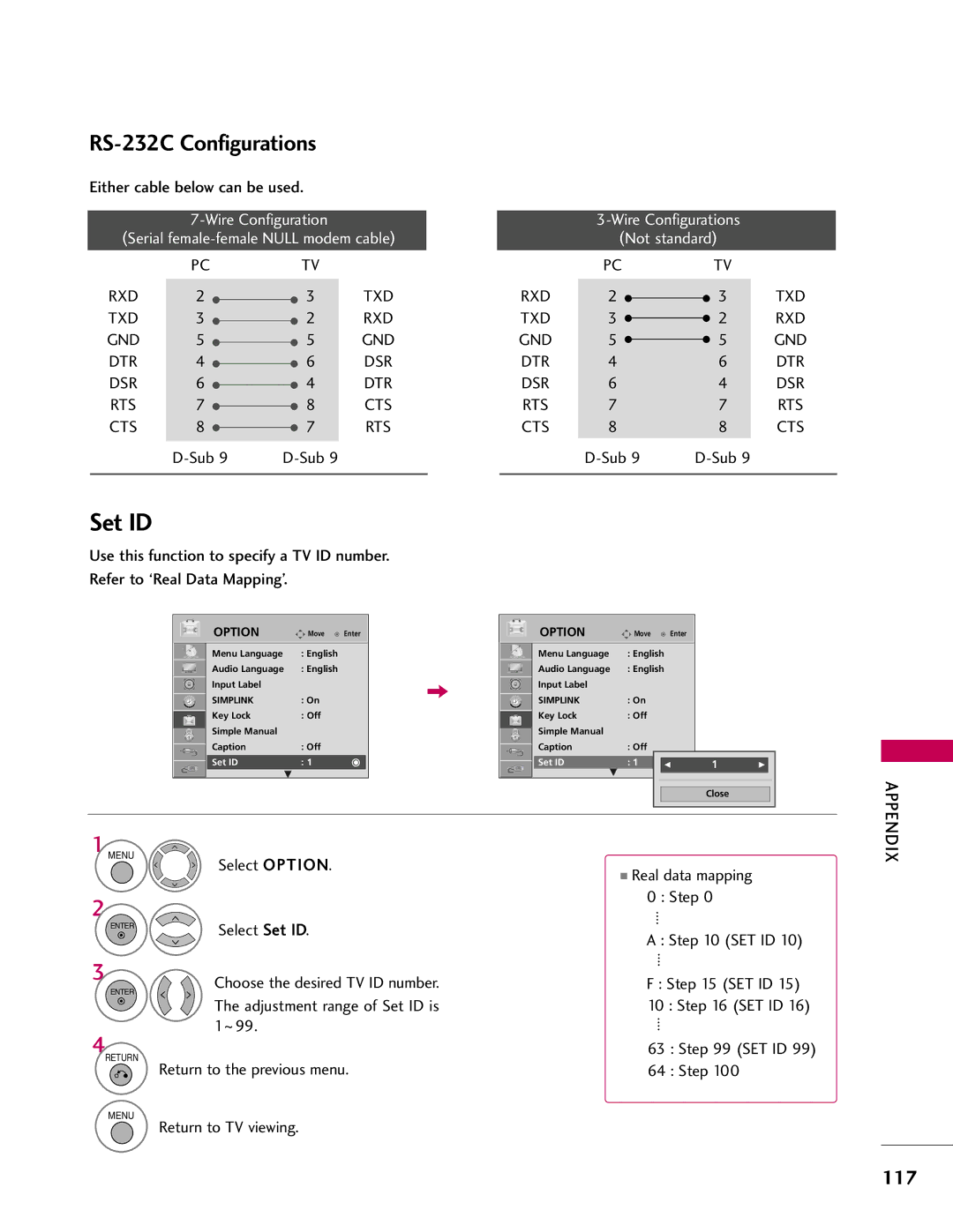 LG Electronics 37LH41, 37LH55 RS-232C Configurations, Either cable below can be used, Rxd Txd Gnd Dtr Dsr Rts Cts, Set Id 