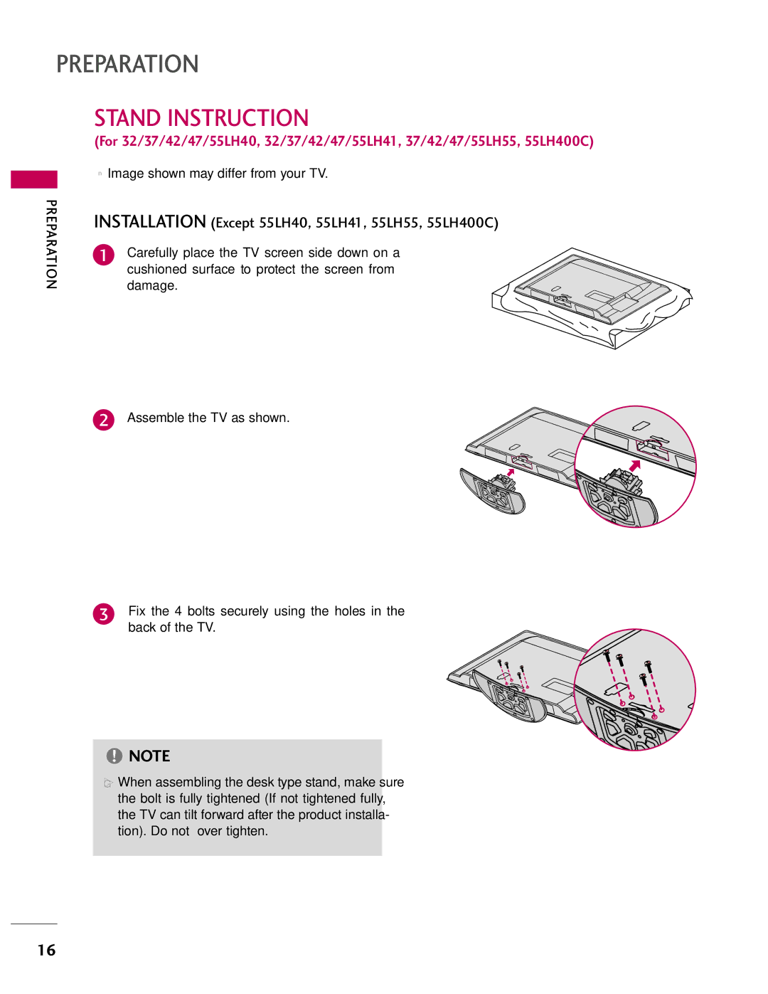 LG Electronics SAC33601903, 37LH55, 37LH40 Stand Instruction, Installation Except 55LH40, 55LH41, 55LH55, 55LH400C 