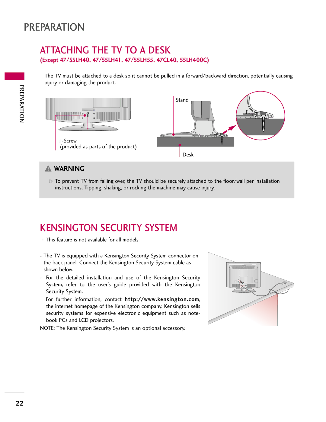 LG Electronics 37LH41, SAC33601903, 37LH55, 37LH40, 32LH40, 32LH41 Attaching the TV to a Desk, Kensington Security System 