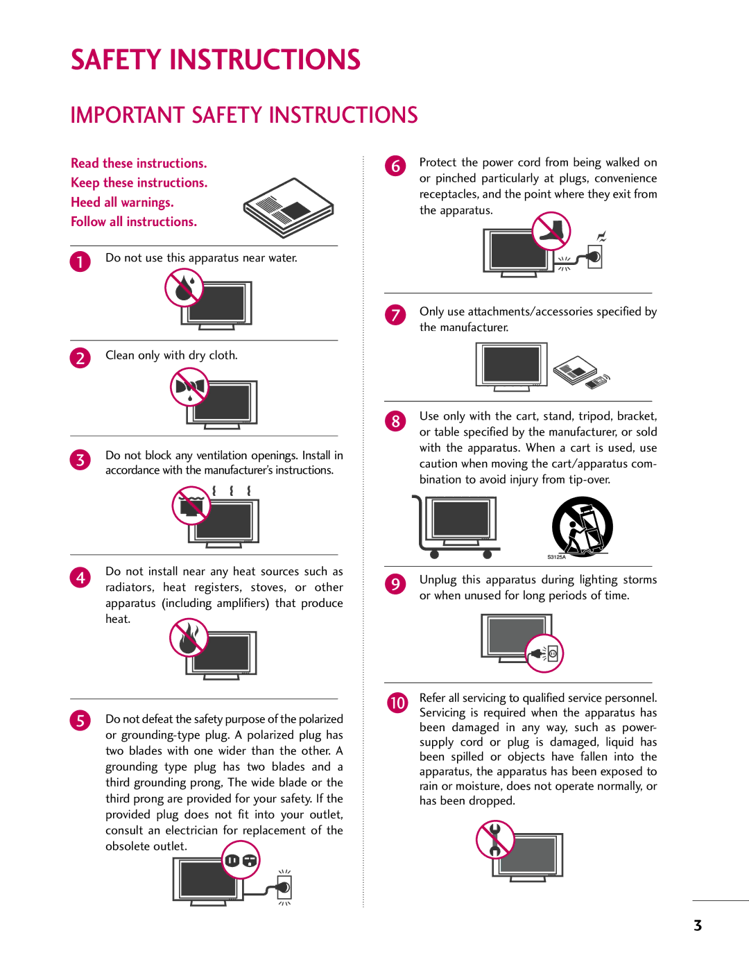 LG Electronics 37LH41, SAC33601903, 37LH55, 37LH40, 32LH40, 32LH41, 32CL40, 42LH55, 42LH40 Important Safety Instructions 