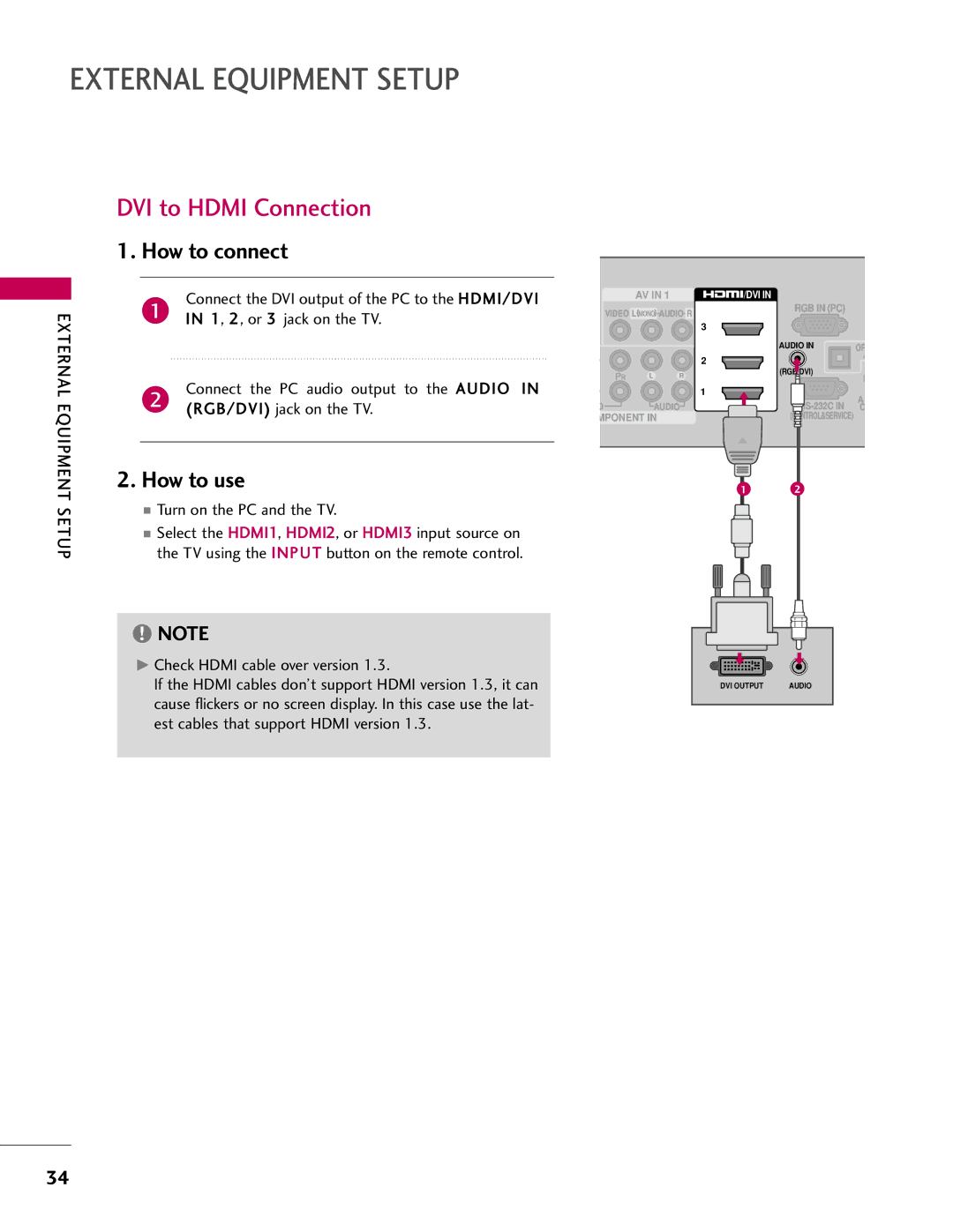 LG Electronics 55LH40, SAC33601903, 37LH55 Connect the DVI output of the PC to the HDMI/DVI, 1, 2, or 3 jack on the TV 