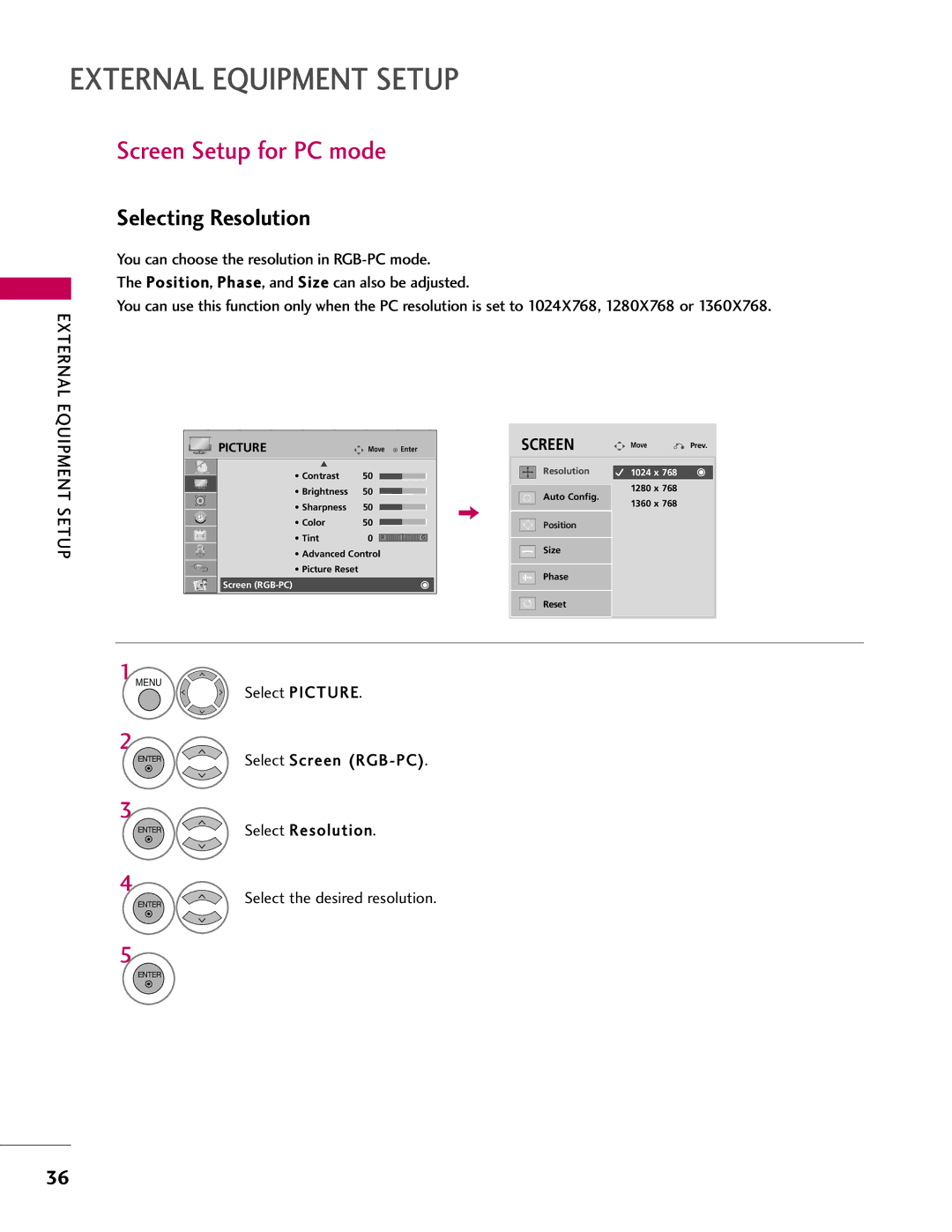 LG Electronics 55LH400C, SAC33601903 Screen Setup for PC mode, Selecting Resolution, Select Picture, Select Screen RGB-PC 