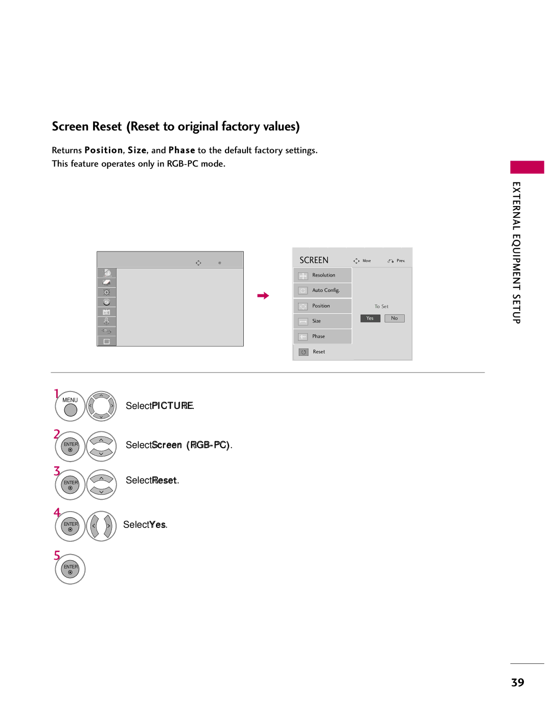 LG Electronics 37LH55, SAC33601903, 37LH40, 37LH41, 32LH40 Screen Reset Reset to original factory values, Select Reset, Yes 