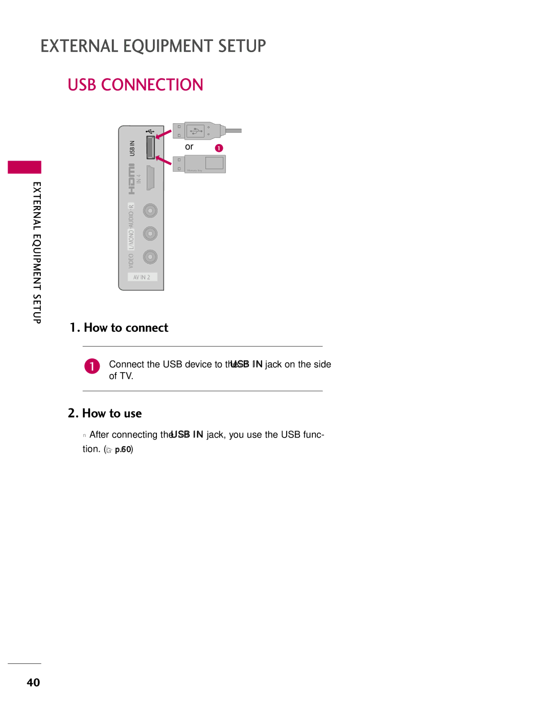 LG Electronics 37LH40, SAC33601903, 37LH55 USB Connection, Connect the USB device to the USB I N jack on the side of TV 