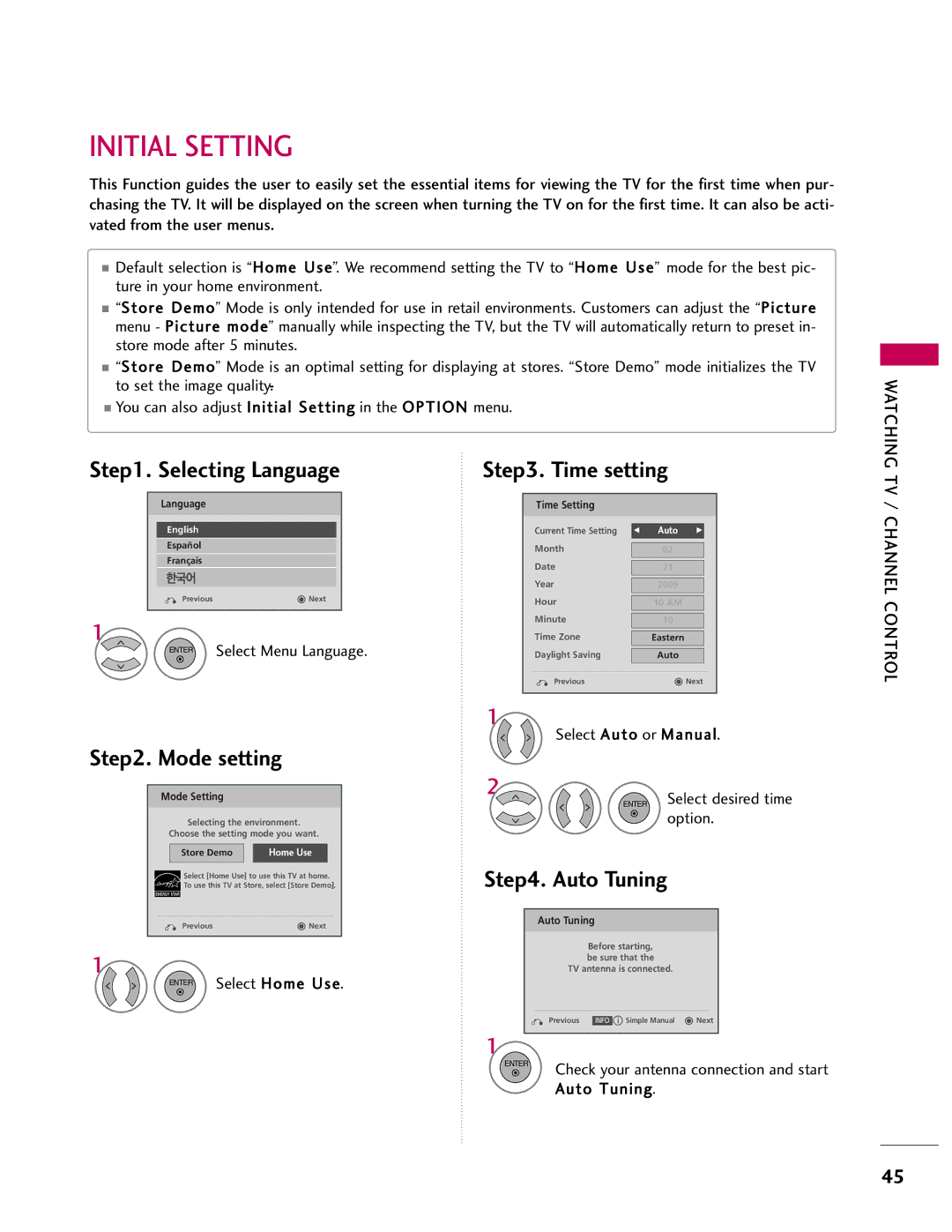 LG Electronics 42LH55, SAC33601903, 37LH55 Initial Setting, Selecting Language, Watching TV, Channel Control, Auto Tuning 