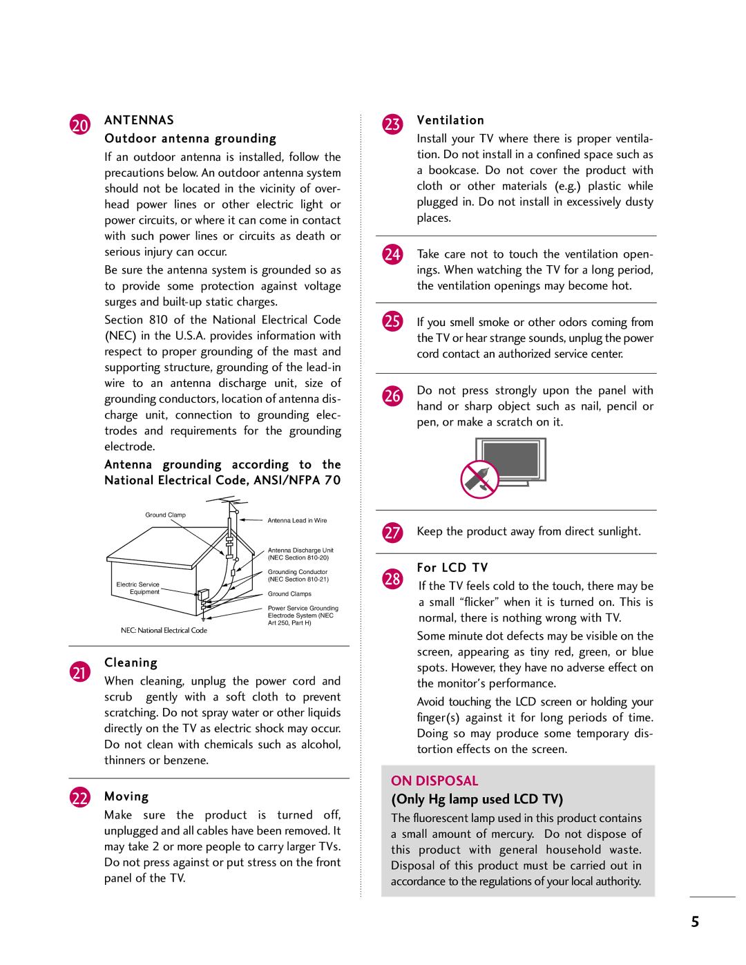 LG Electronics 32LH41, SAC33601903 Antennas, Outdoor antenna grounding, Cleaning, Normal, there is nothing wrong with TV 