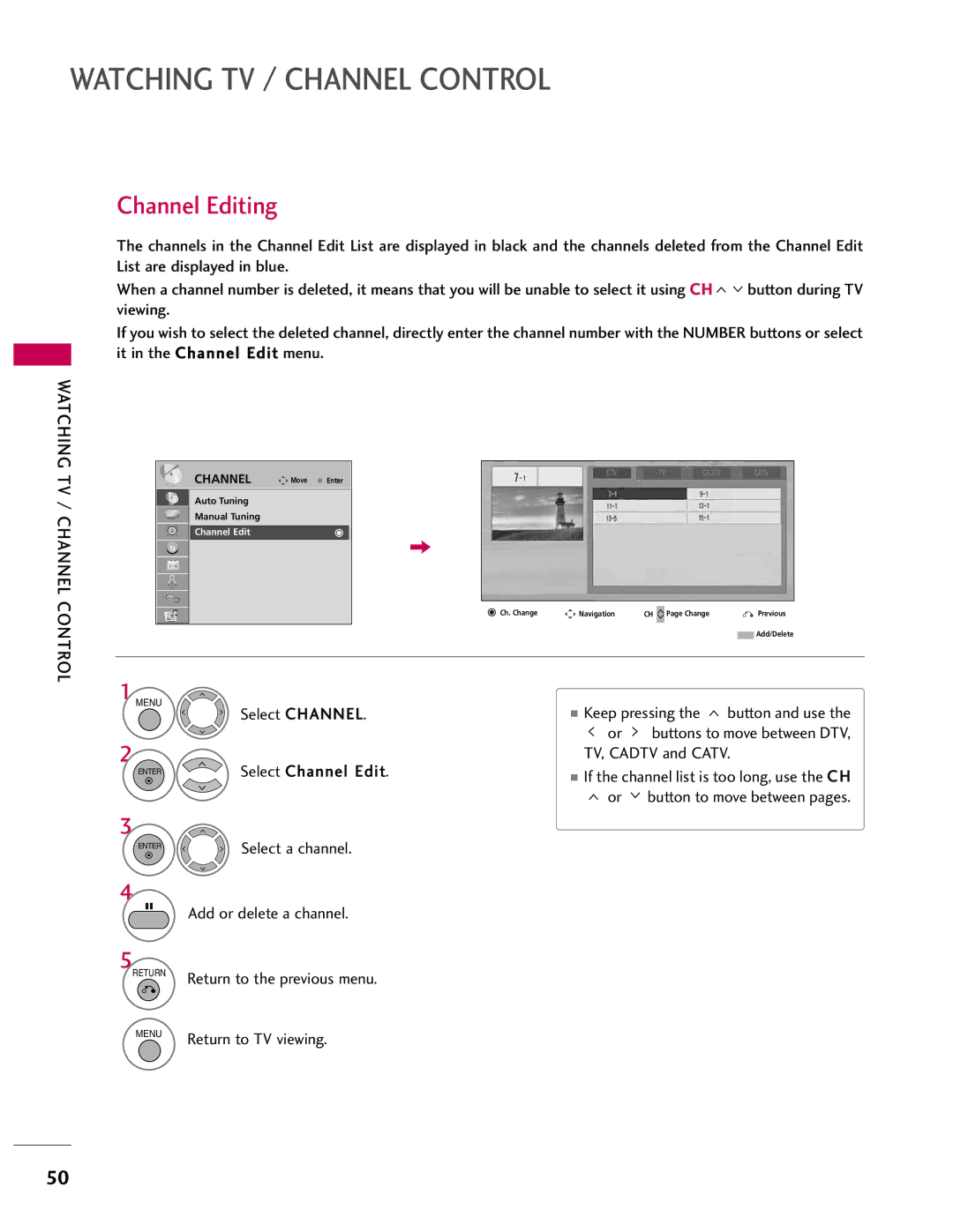 LG Electronics 47LH41, SAC33601903, 37LH55, 37LH40, 37LH41 Channel Editing, Select Channel Edit, Add or delete a channel 