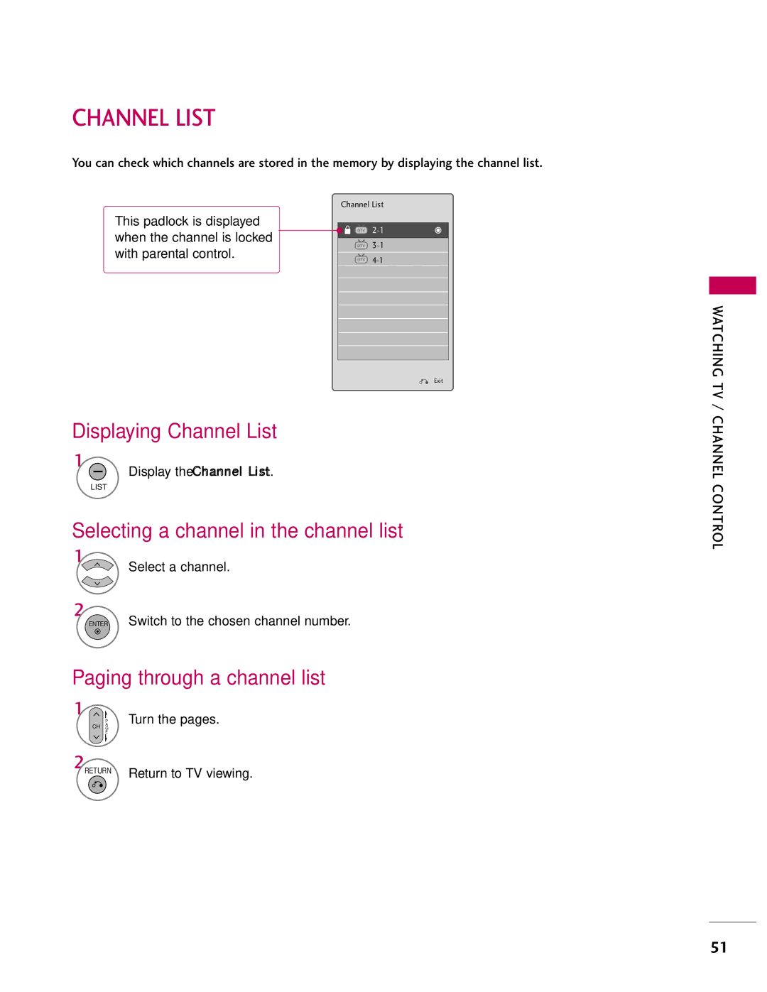 LG Electronics 47LH40 Displaying Channel List, Selecting a channel in the channel list, Paging through a channel list 