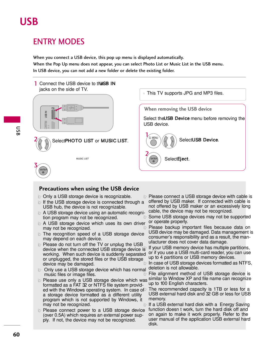 LG Electronics 37LH41, SAC33601903, 37LH55 Usb, Entry Modes, Select USB Device, Only a USB storage device is recognizable 