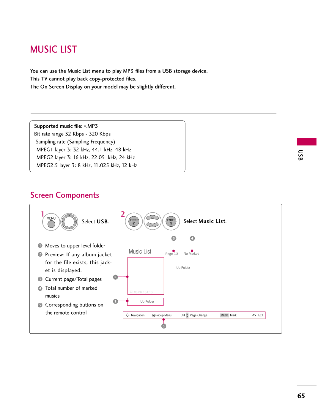 LG Electronics 42LH40, SAC33601903, 37LH55, 37LH40, 37LH41, 32LH40 Select USB, Select Music List, Drive1 Title Duration 