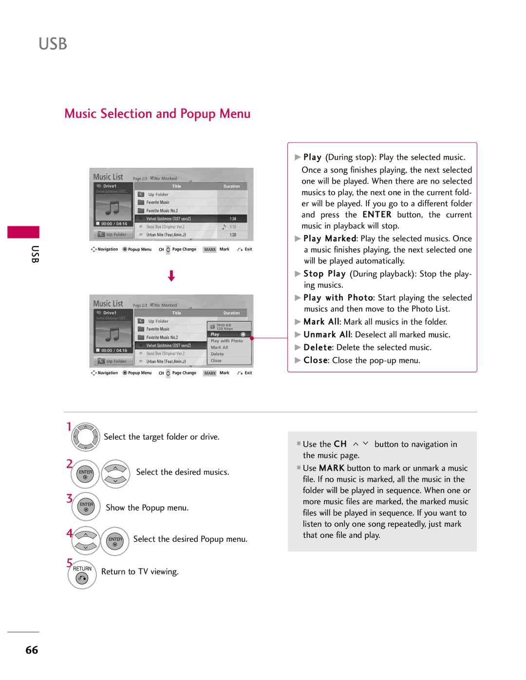 LG Electronics 42LH41, SAC33601903, 37LH55, 37LH40, 37LH41, 32LH40 Music Selection and Popup Menu, Select the desired musics 