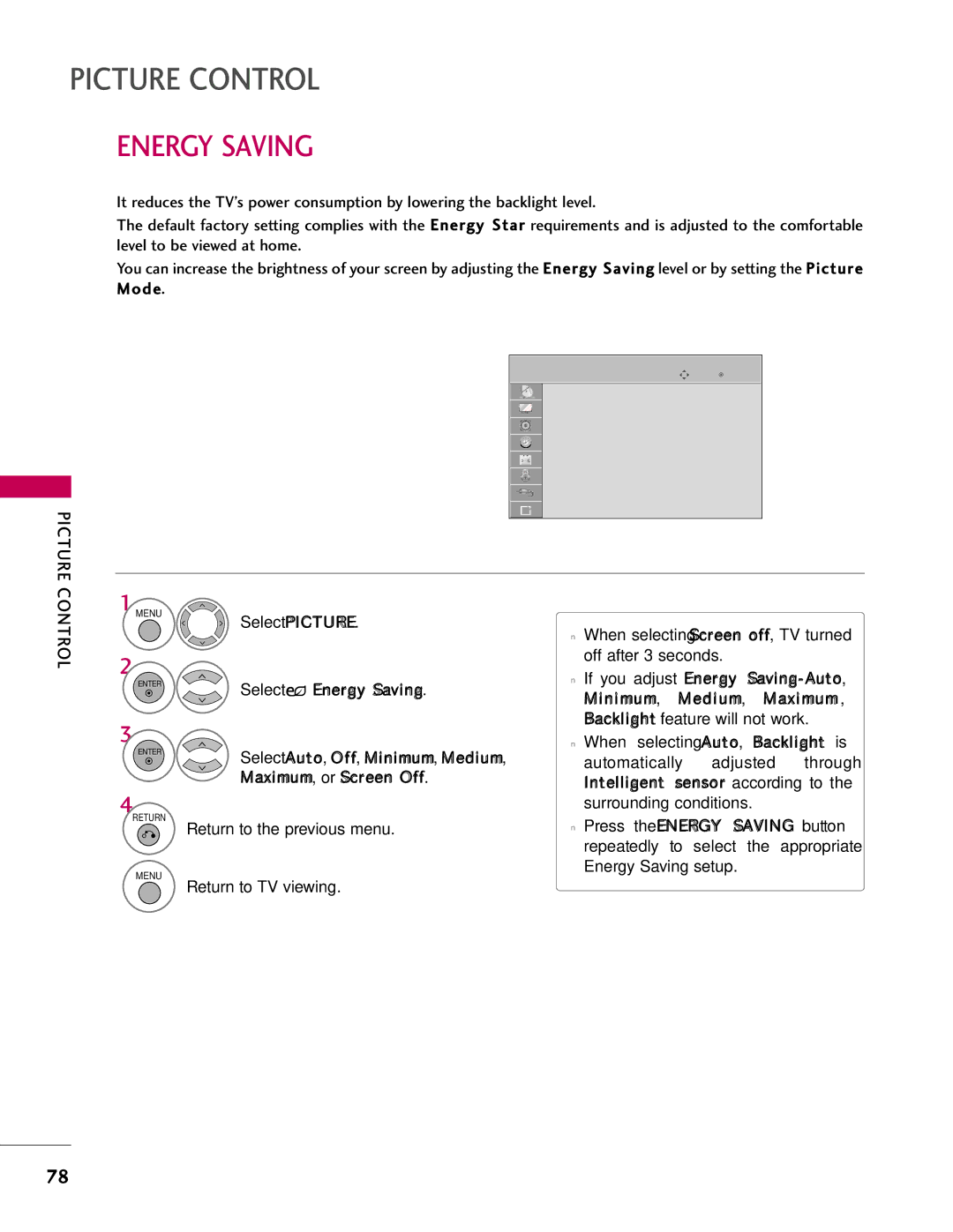 LG Electronics 37LH40, SAC33601903, 37LH55 Intelligent sensor according to, Energy Saving setup, Energy Saving Off 