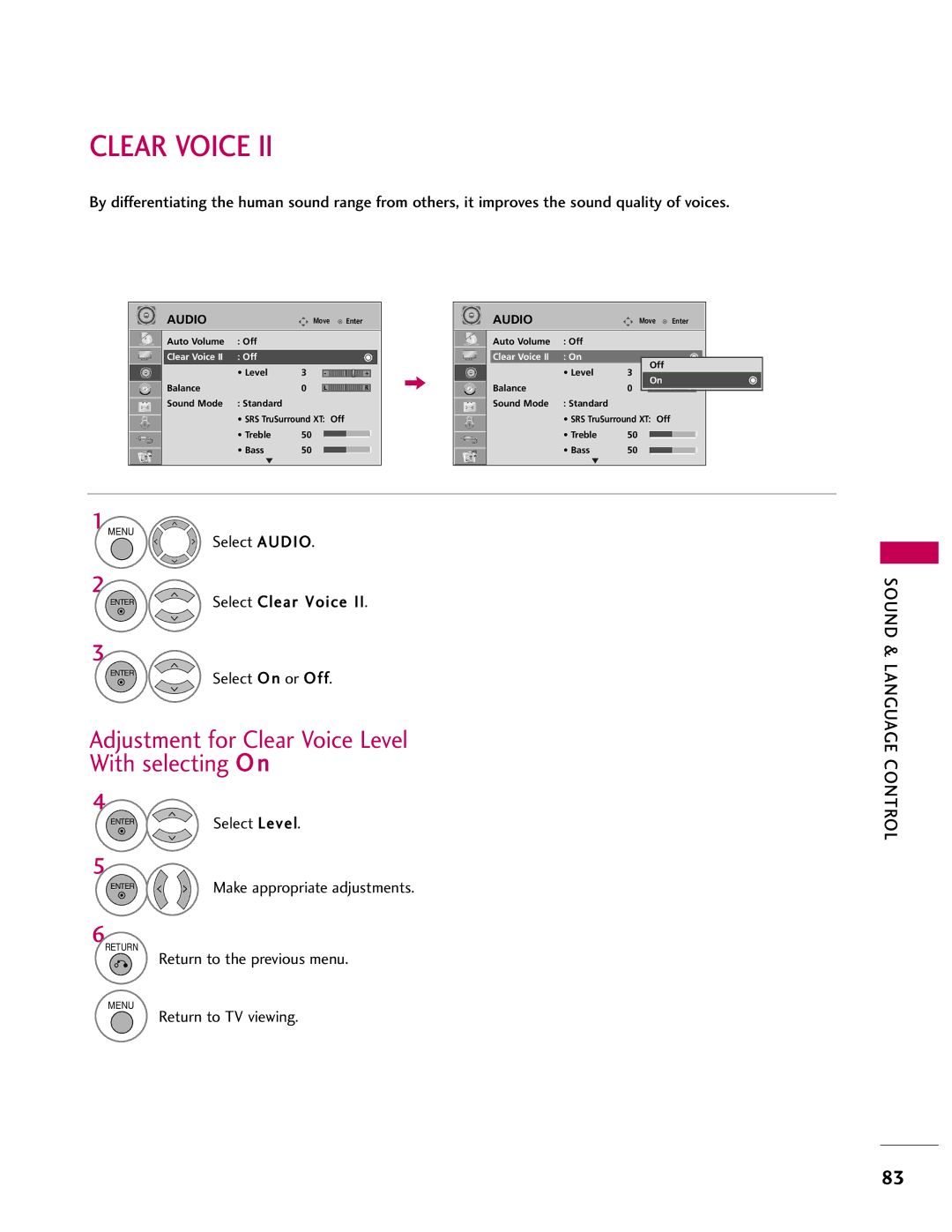 LG Electronics 42LH55, 37LH55 Adjustment for Clear Voice Level With selecting O n, Select Audio Select Clear Voice 