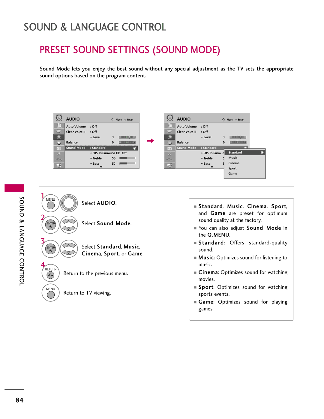 LG Electronics 42LH40, SAC33601903, 37LH55, 37LH40, 37LH41, 32LH40, 32LH41, 32CL40, 42LH55 Preset Sound Settings Sound Mode 