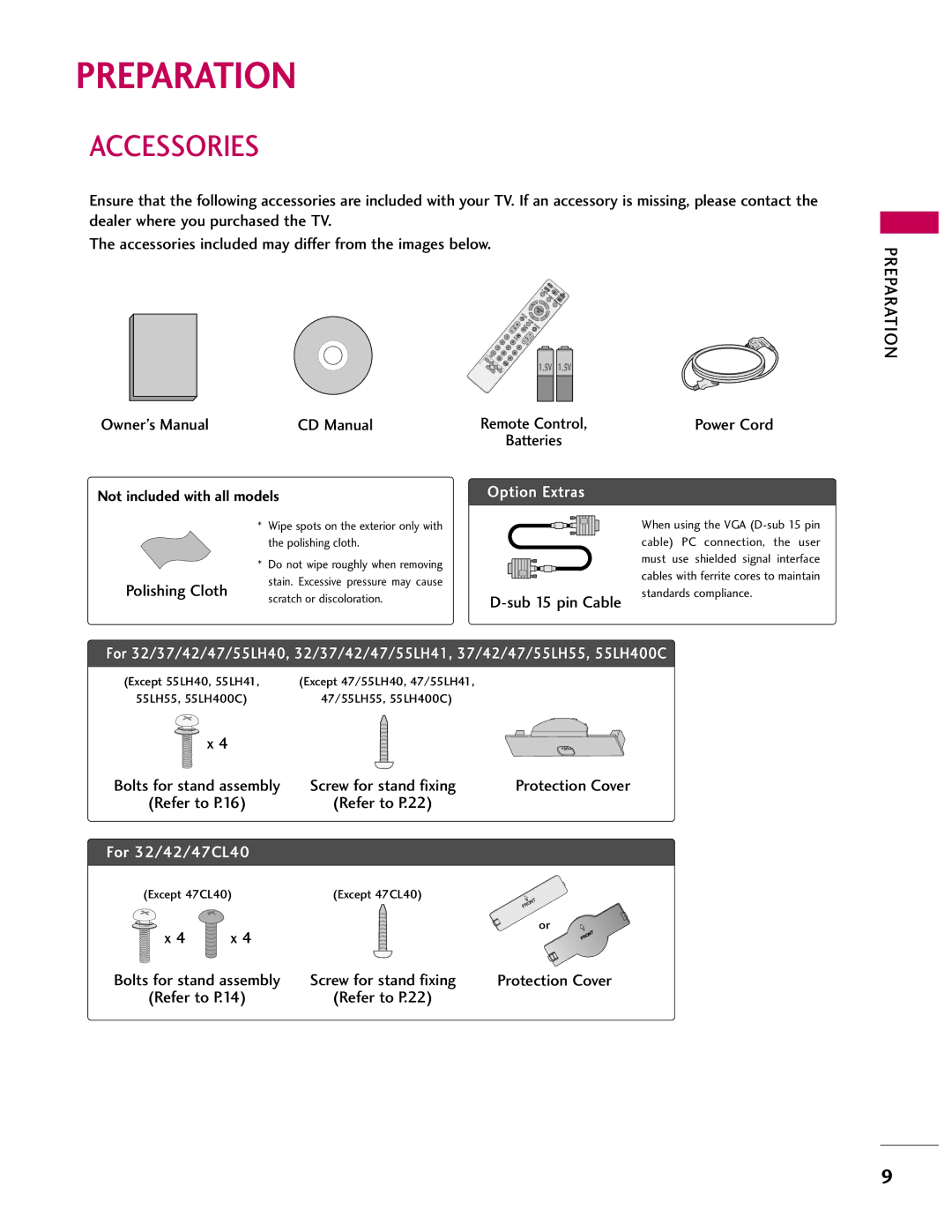 LG Electronics 42LH41, SAC33601903, 37LH55, 37LH40, 37LH41, 32LH40, 32LH41, 32CL40, 42LH55, 42LH40, 47CL40 Preparation, Accessories 