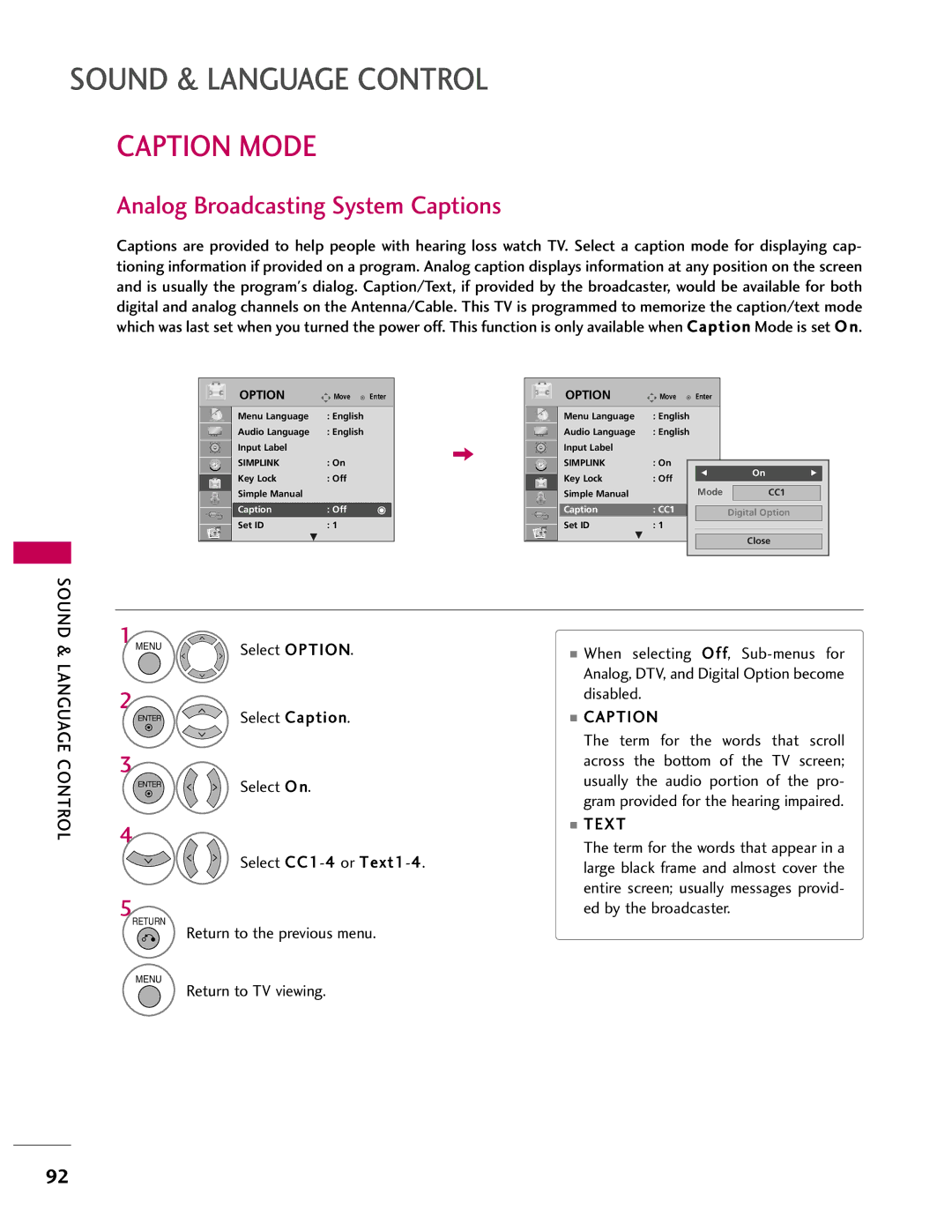 LG Electronics 55LH55, SAC33601903, 37LH55, 37LH40, 37LH41, 32LH40 Caption Mode, Analog Broadcasting System Captions, Ext 