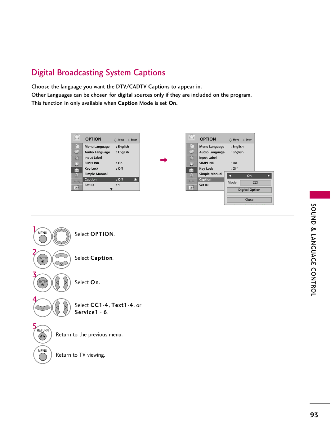 LG Electronics 55LH400C, SAC33601903 Digital Broadcasting System Captions, Select CC1-4, Text1-4, or Service1, Caption Off 