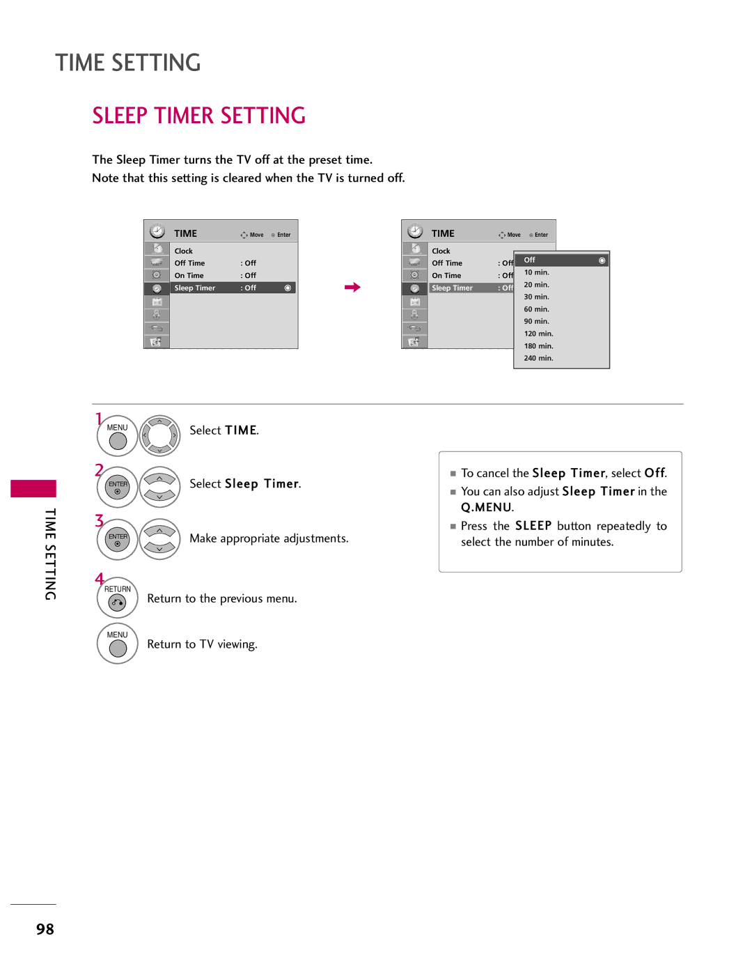 LG Electronics 37LH41, SAC33601903 Sleep Timer Setting, Sleep Timer turns the TV off at the preset time, Sleep Timer Off 