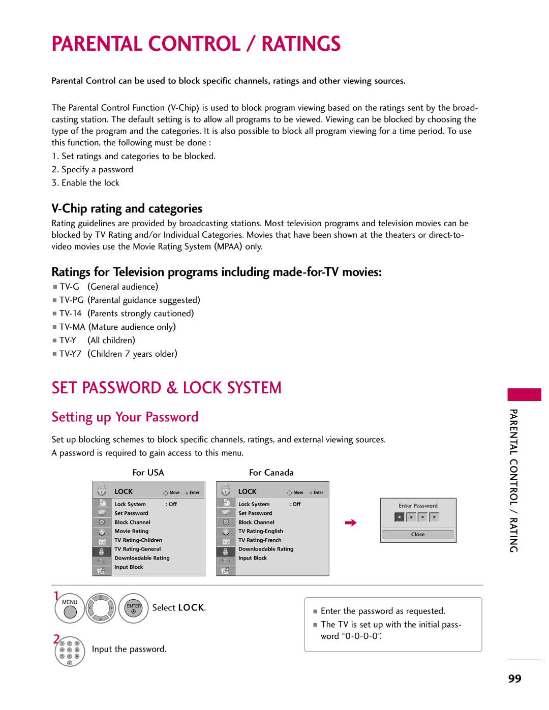 LG Electronics 32LH40, SAC33601903, 37LH55 Parental Control / Ratings, SET Password & Lock System, Setting up Your Password 