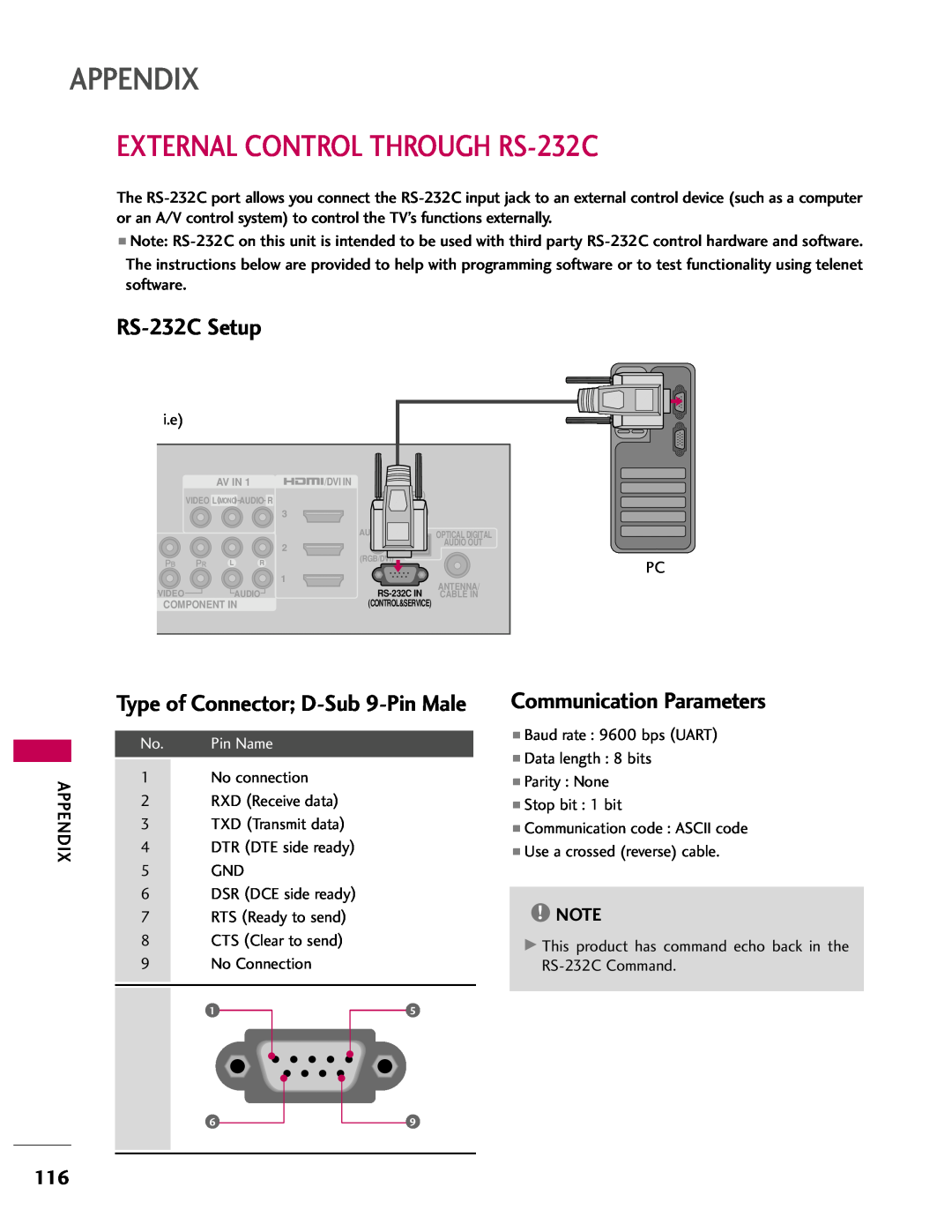 LG Electronics 37LH40 EXTERNAL CONTROL THROUGH RS-232C, RS-232C Setup, Communication Parameters, Pin Name, Appendix 
