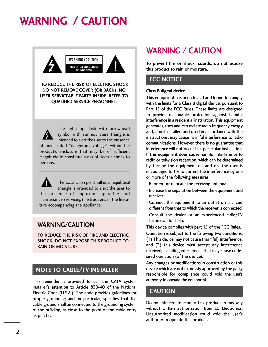 LG Electronics 37LH40 Warning / Caution, Warning/Caution, Class B digital device, Note To Cable/Tv Installer, Fcc Notice 