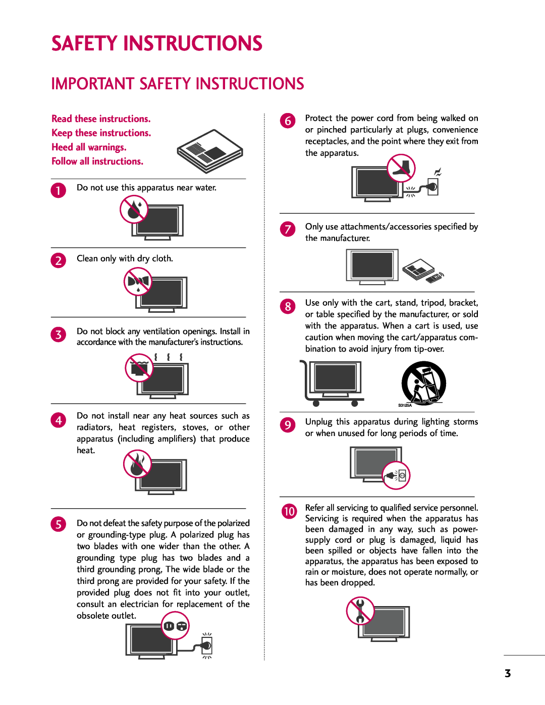 LG Electronics 37LH41 Important Safety Instructions, Read these instructions Keep these instructions Heed all warnings 