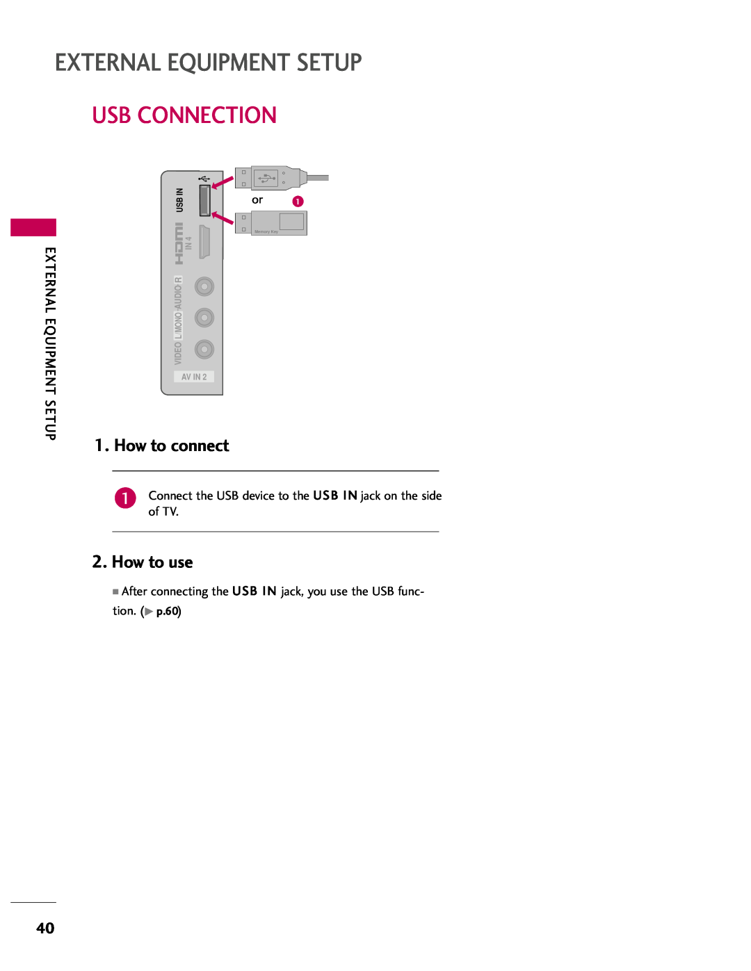 LG Electronics 37LH40 Usb Connection, External Equipment Setup, How to connect, How to use, Av In, Audio R, Video, L/Mono 