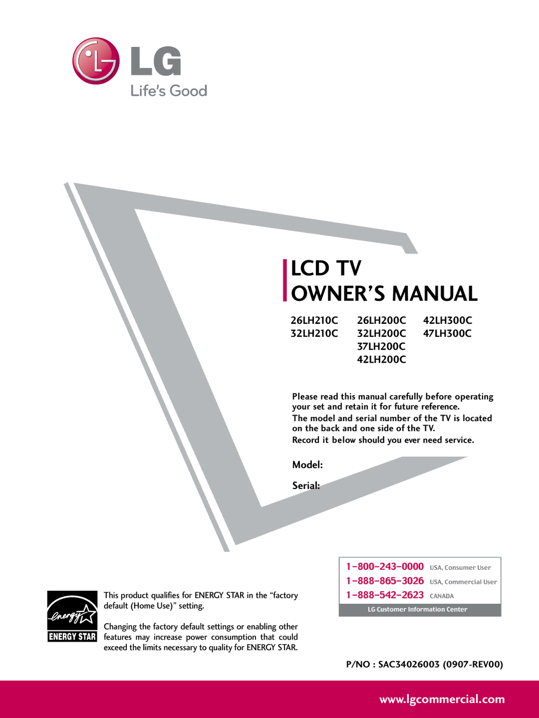 LG Electronics 42LH200C, SAC34026003, 37LH200C, 26LH200C, 26LH210C, 32LH210C, 32LH200C owner manual Lcd Tv 