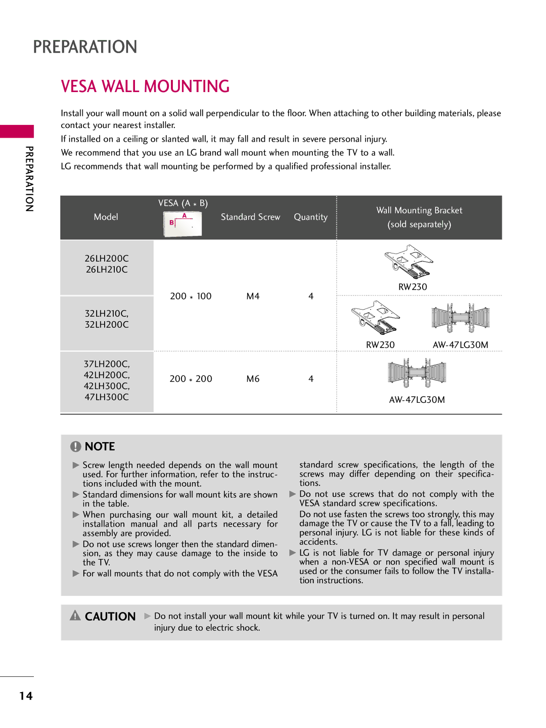 LG Electronics SAC34026003, 42LH200C, 37LH200C, 26LH200C, 26LH210C, 32LH210C Vesa Wall Mounting, 200 RW230, AW-47LG30M 