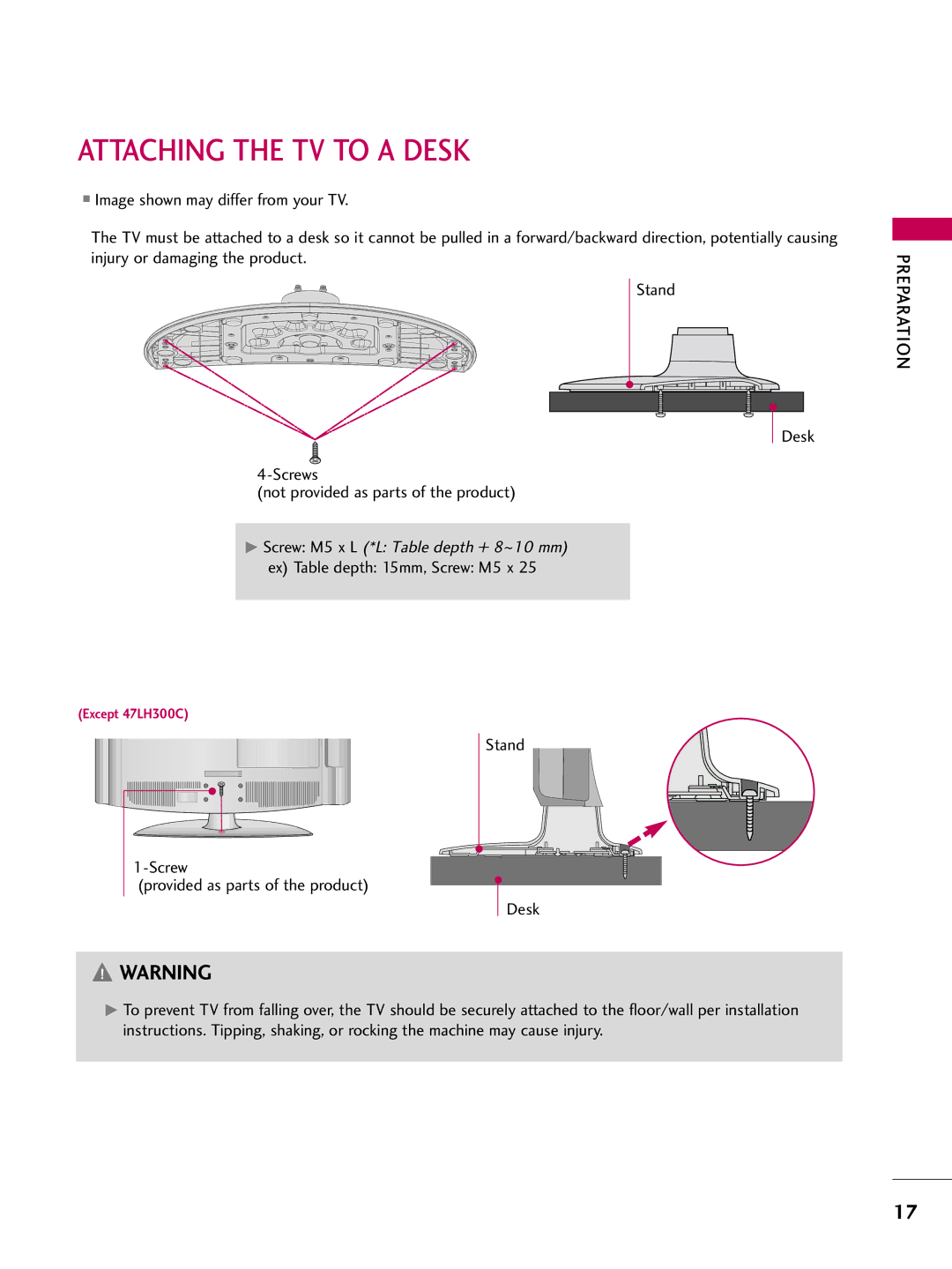 LG Electronics 26LH200C, SAC34026003, 42LH200C, 37LH200C, 26LH210C, 32LH210C, 32LH200C owner manual Attaching the TV to a Desk 