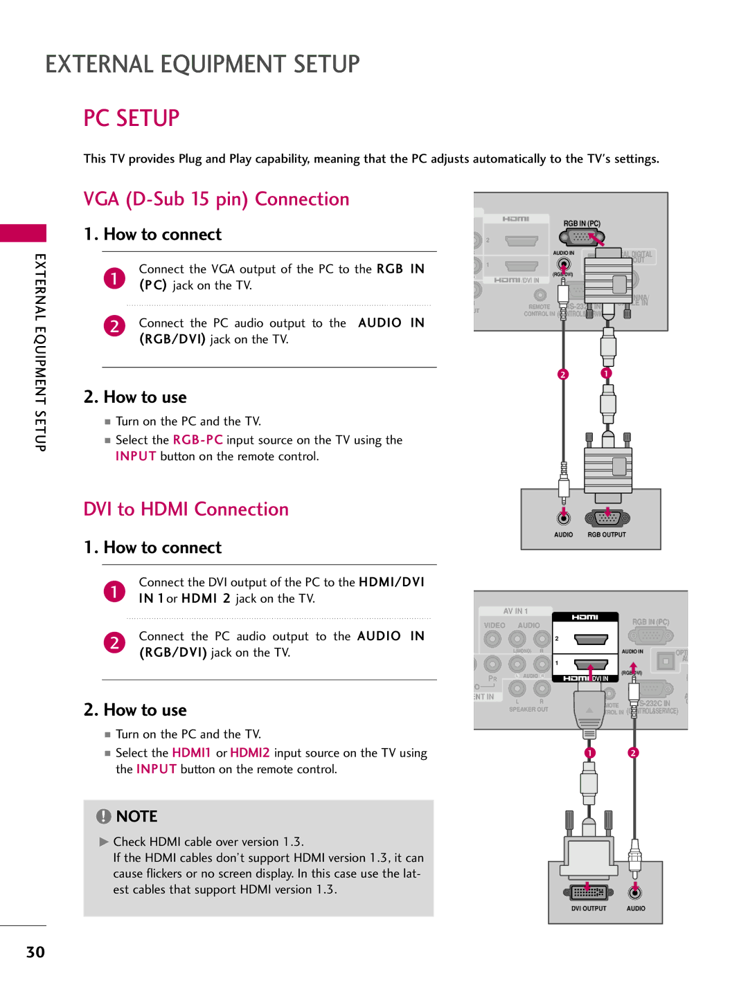 LG Electronics 37LH200C, SAC34026003, 42LH200C, 26LH200C, 26LH210C, 32LH210C, 32LH200C PC Setup, VGA D-Sub 15 pin Connection 