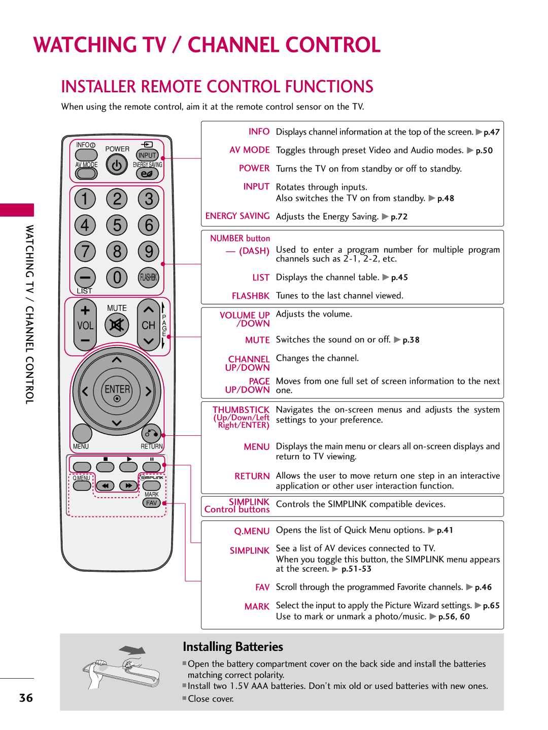 LG Electronics 42LH200C, 37LH200C Watching TV / Channel Control, Installer Remote Control Functions, Installing Batteries 