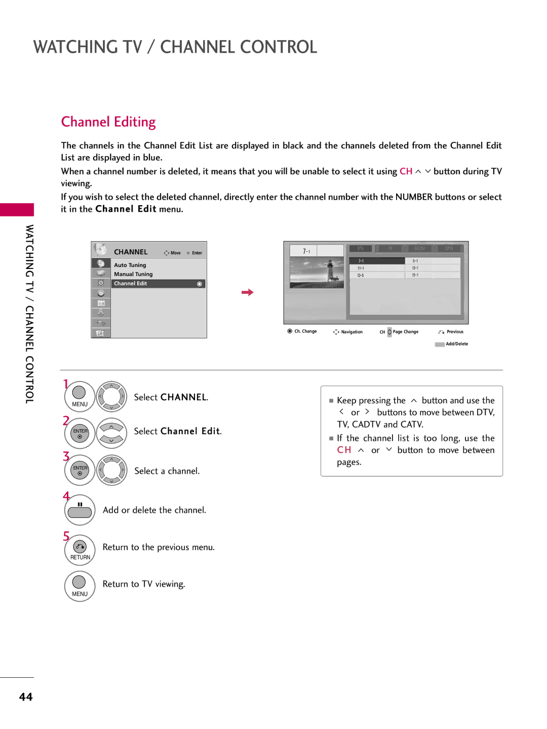 LG Electronics 37LH200C, SAC34026003, 42LH200C, 26LH200C, 26LH210C, 32LH210C, 32LH200C owner manual Channel Editing 