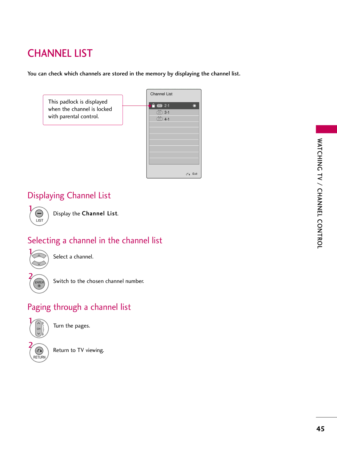 LG Electronics 26LH200C, SAC34026003, 42LH200C Displaying Channel List, Selecting a channel in the channel list 