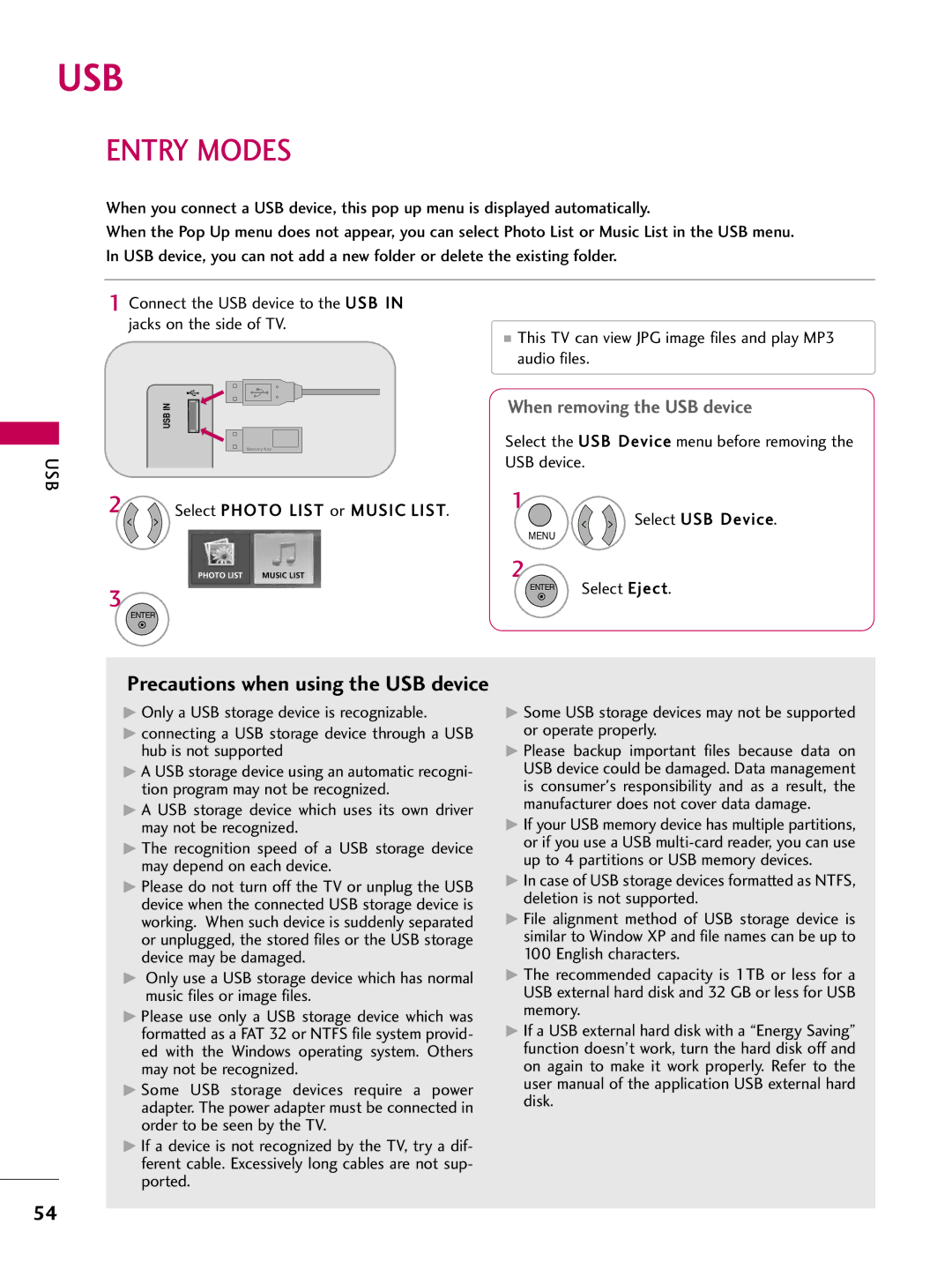 LG Electronics 32LH210C, 42LH200C Usb, Entry Modes, Precautions when using the USB device, Select Photo List or Music List 