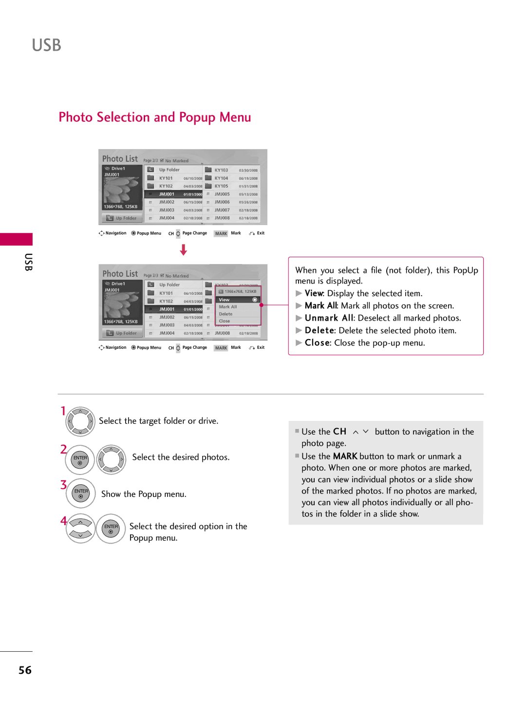 LG Electronics SAC34026003 Photo Selection and Popup Menu, Photo Use the Mark button to mark or unmark a, Popup menu 