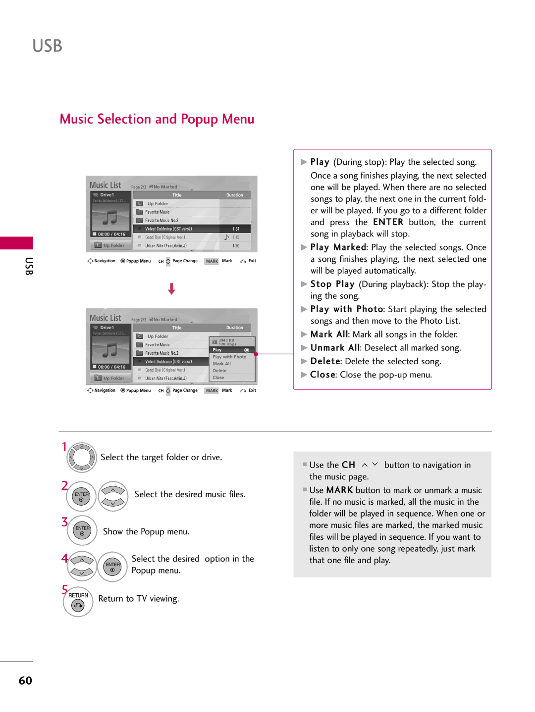 LG Electronics 26LH210C, SAC34026003, 42LH200C Music Selection and Popup Menu, Use the CH button to navigation in the music 