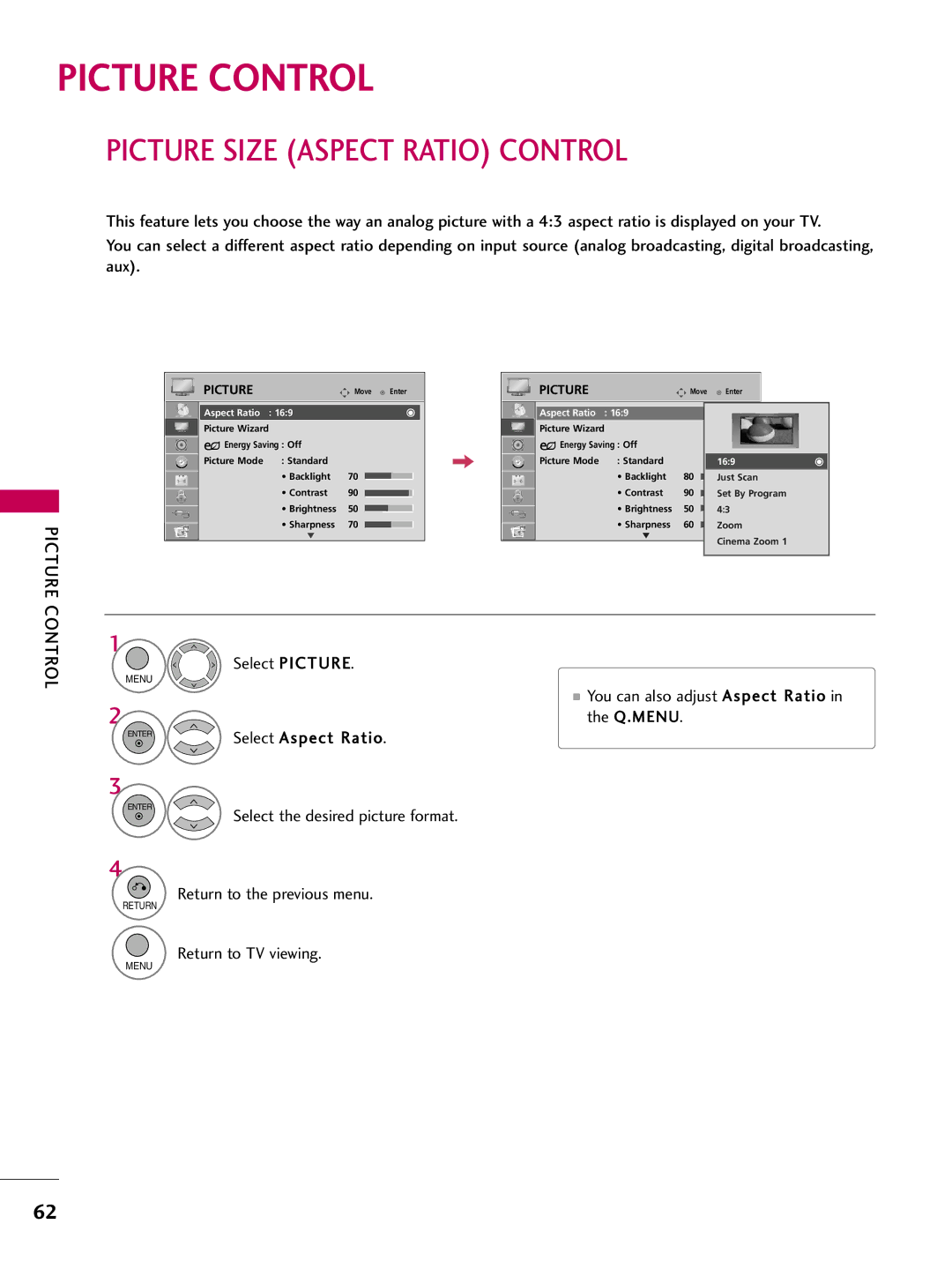 LG Electronics 32LH200C, SAC34026003, 42LH200C Picture Control, Picture Size Aspect Ratio Control, Aspect Ratio 169 