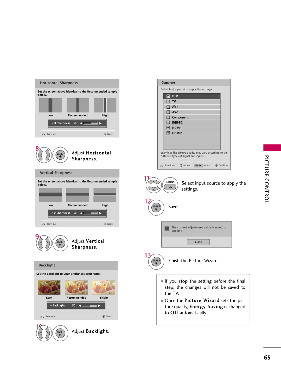 LG Electronics 37LH200C, SAC34026003, 42LH200C Enter Adjust Horizontal Sharpness, Select input source to apply, Settings 