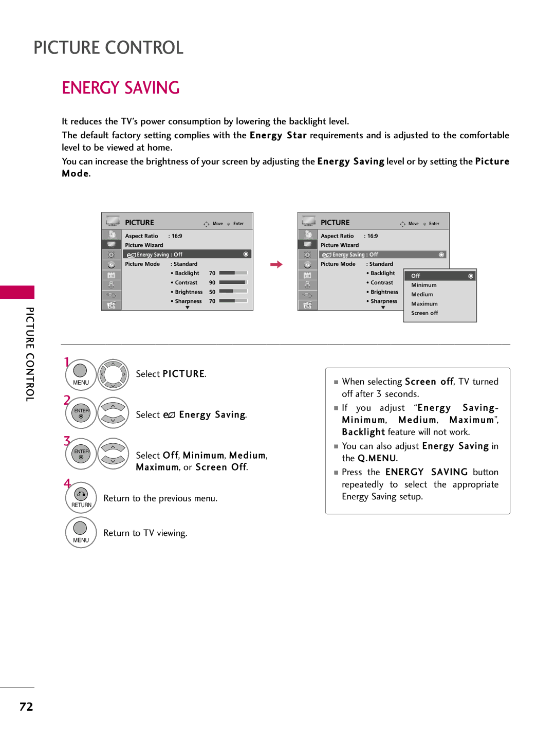 LG Electronics 37LH200C, SAC34026003, 42LH200C, 26LH200C, 26LH210C, 32LH210C, 32LH200C owner manual Energy Saving Off 