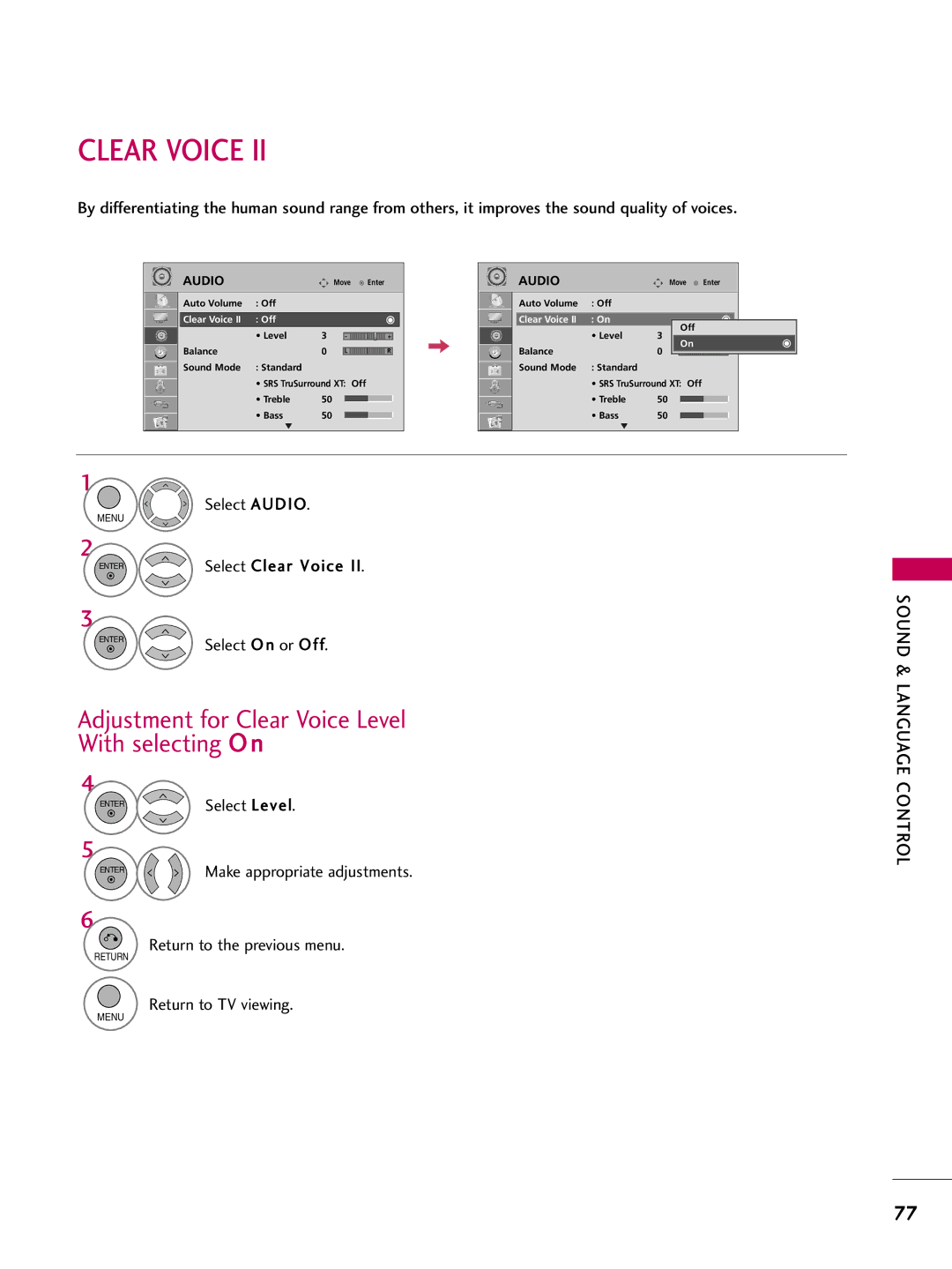 LG Electronics SAC34026003 Adjustment for Clear Voice Level With selecting O n, Select Audio, Select Clear Voice 