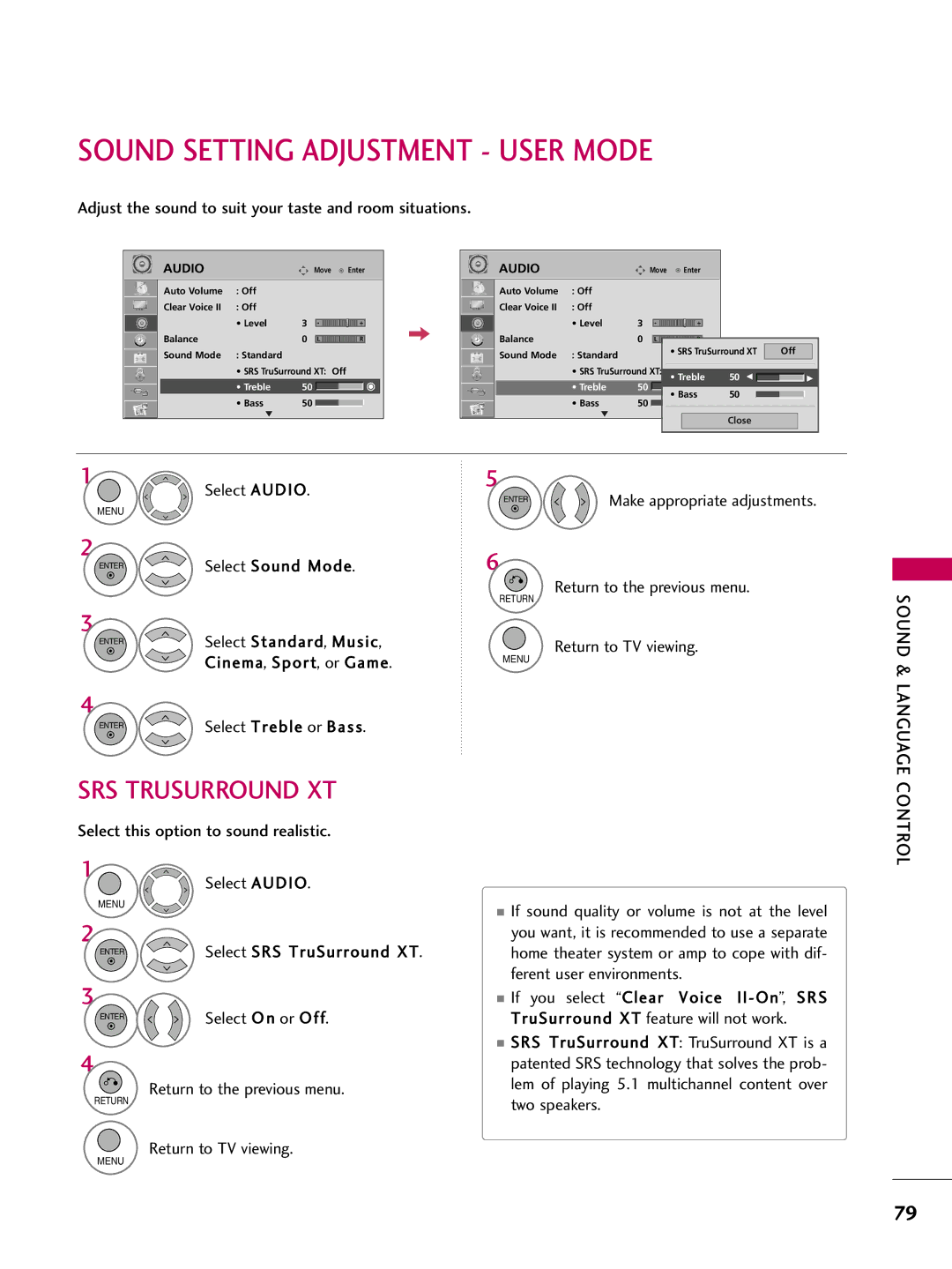 LG Electronics 37LH200C Sound Setting Adjustment User Mode, Adjust the sound to suit your taste and room situations 