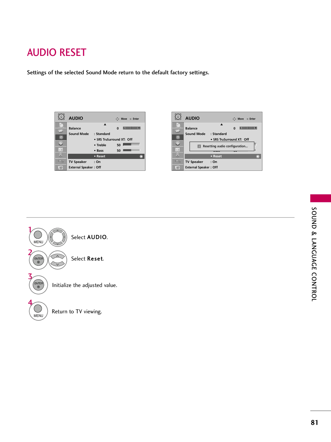 LG Electronics 26LH210C, SAC34026003, 42LH200C, 37LH200C, 26LH200C, 32LH210C, 32LH200C owner manual Audio Reset 