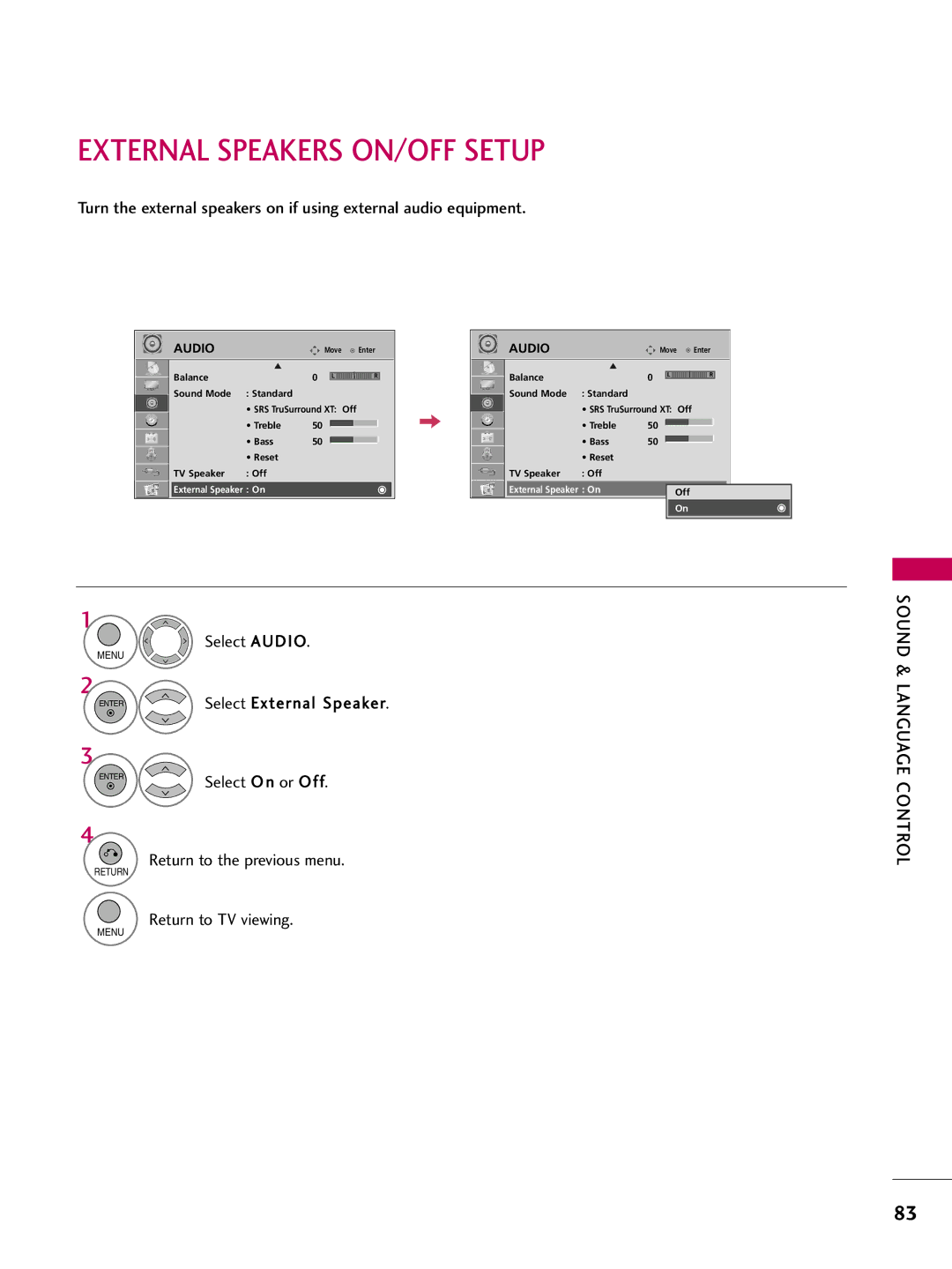 LG Electronics 32LH200C, SAC34026003, 42LH200C, 37LH200C, 26LH200C External Speakers ON/OFF Setup, External Speaker On 