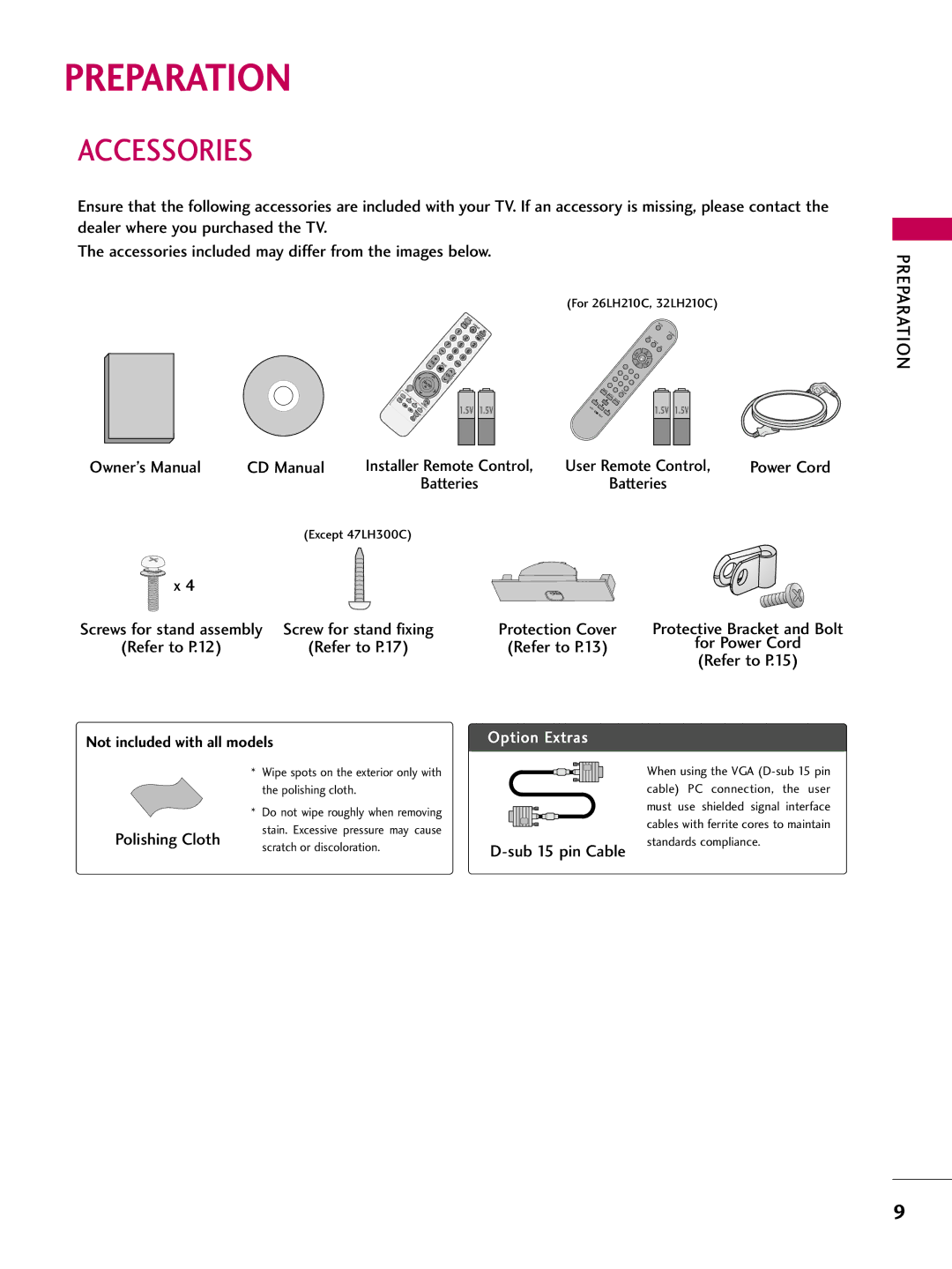 LG Electronics 37LH200C, SAC34026003, 42LH200C, 26LH200C Preparation, Accessories, Polishing Cloth, Sub 15 pin Cable 