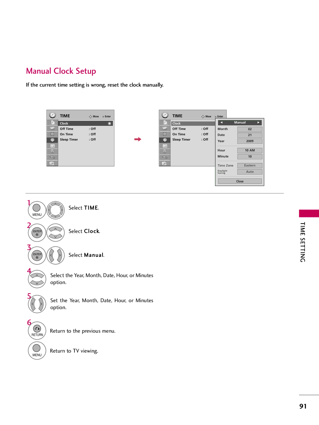 LG Electronics SAC34026003, 42LH200C, 37LH200C, 26LH200C, 26LH210C, 32LH210C, 32LH200C Manual Clock Setup, Clock Manual 