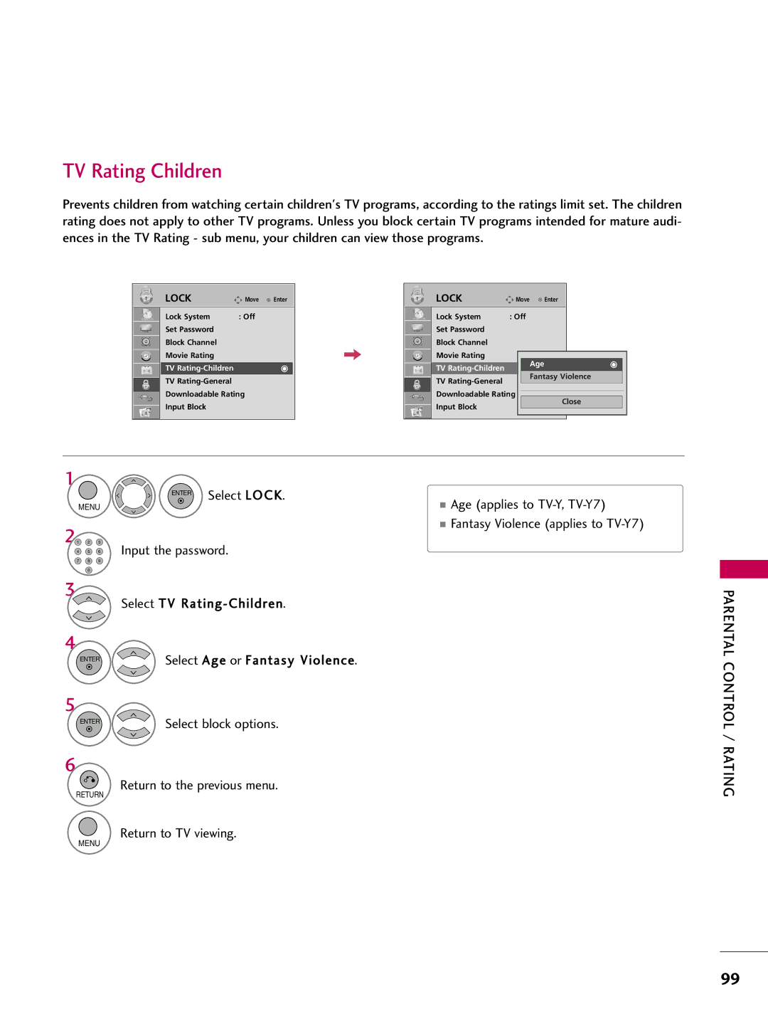 LG Electronics 42LH200C, SAC34026003 TV Rating Children, Select Lock Age applies to TV-Y, TV-Y7, TV Rating-Children 